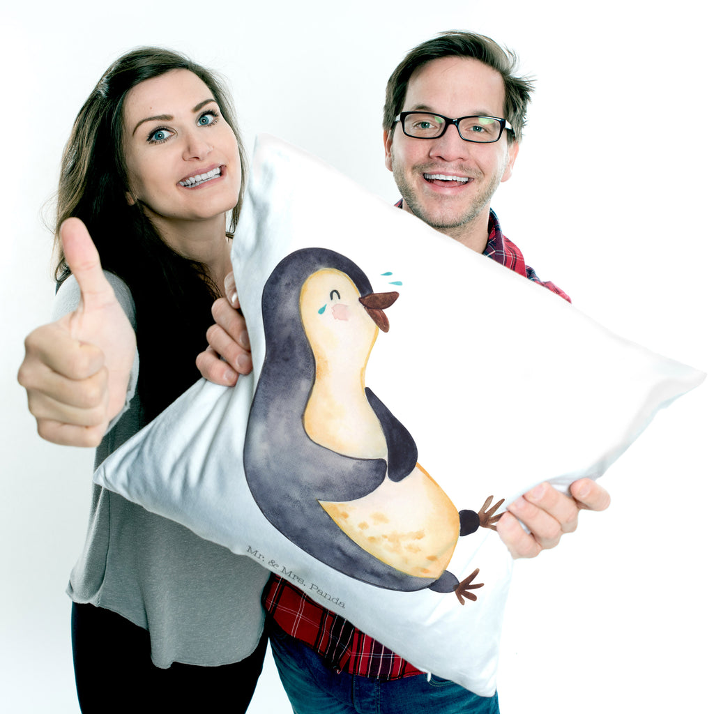 40x40 Kissen Pinguin lachend Kissenhülle, Kopfkissen, Sofakissen, Dekokissen, Motivkissen, Pinguin, Pinguine, lustiger Spruch, Optimismus, Fröhlich, Lachen, Humor, Fröhlichkeit