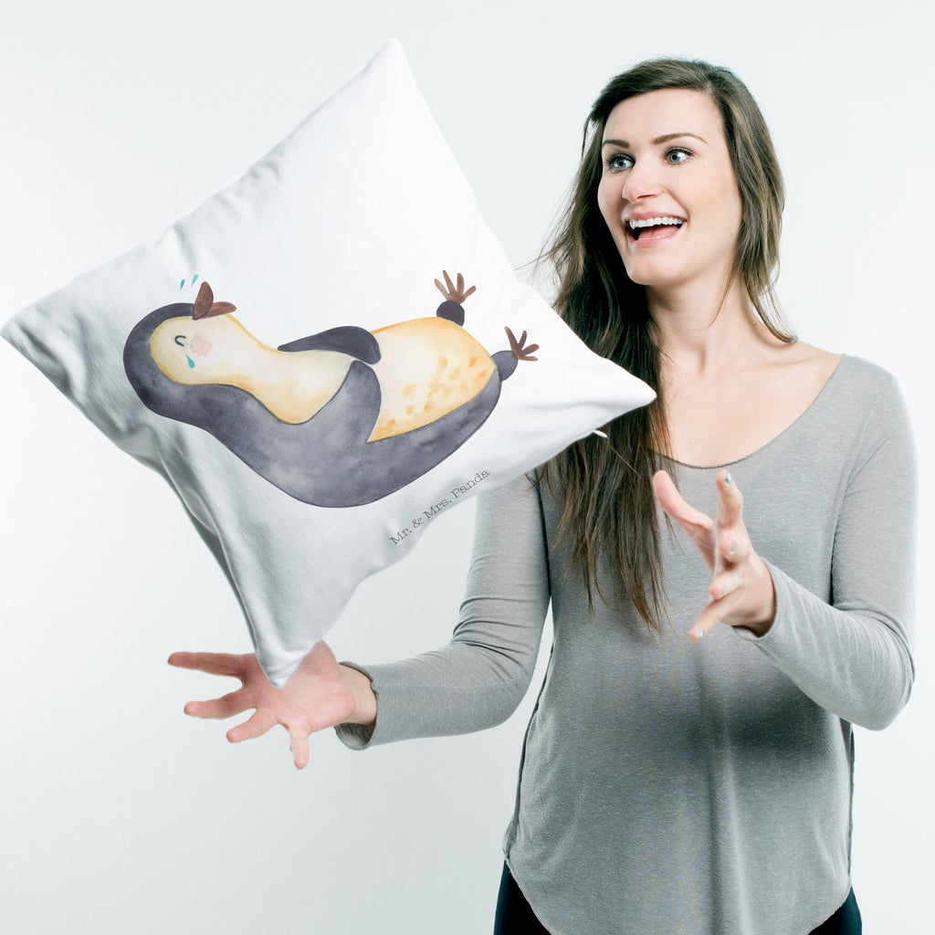 40x40 Kissen Pinguin lachend Kissenhülle, Kopfkissen, Sofakissen, Dekokissen, Motivkissen, Pinguin, Pinguine, lustiger Spruch, Optimismus, Fröhlich, Lachen, Humor, Fröhlichkeit
