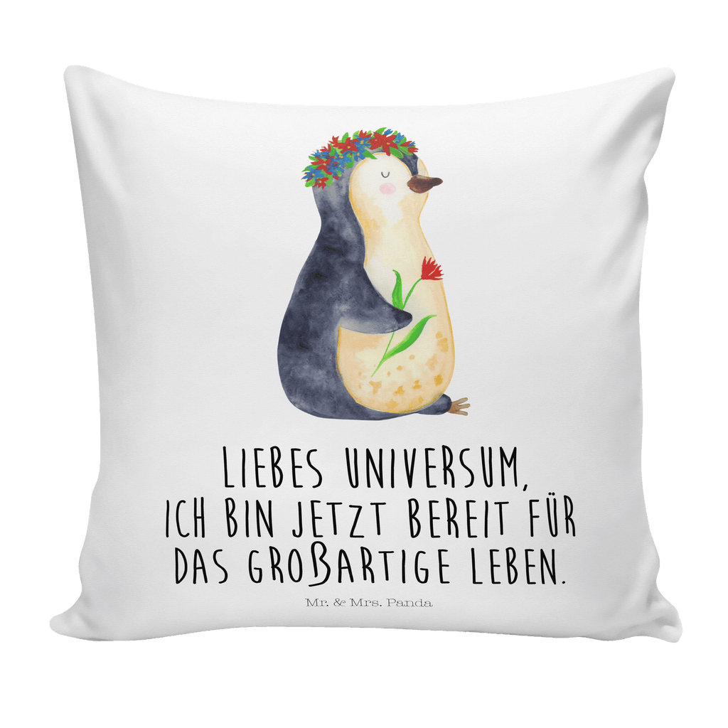 40x40 Kissen Pinguin Blumenkranz Kissenhülle, Kopfkissen, Sofakissen, Dekokissen, Motivkissen, Pinguin, Pinguine, Blumenkranz, Universum, Leben, Wünsche, Ziele, Lebensziele, Motivation, Lebenslust, Liebeskummer, Geschenkidee