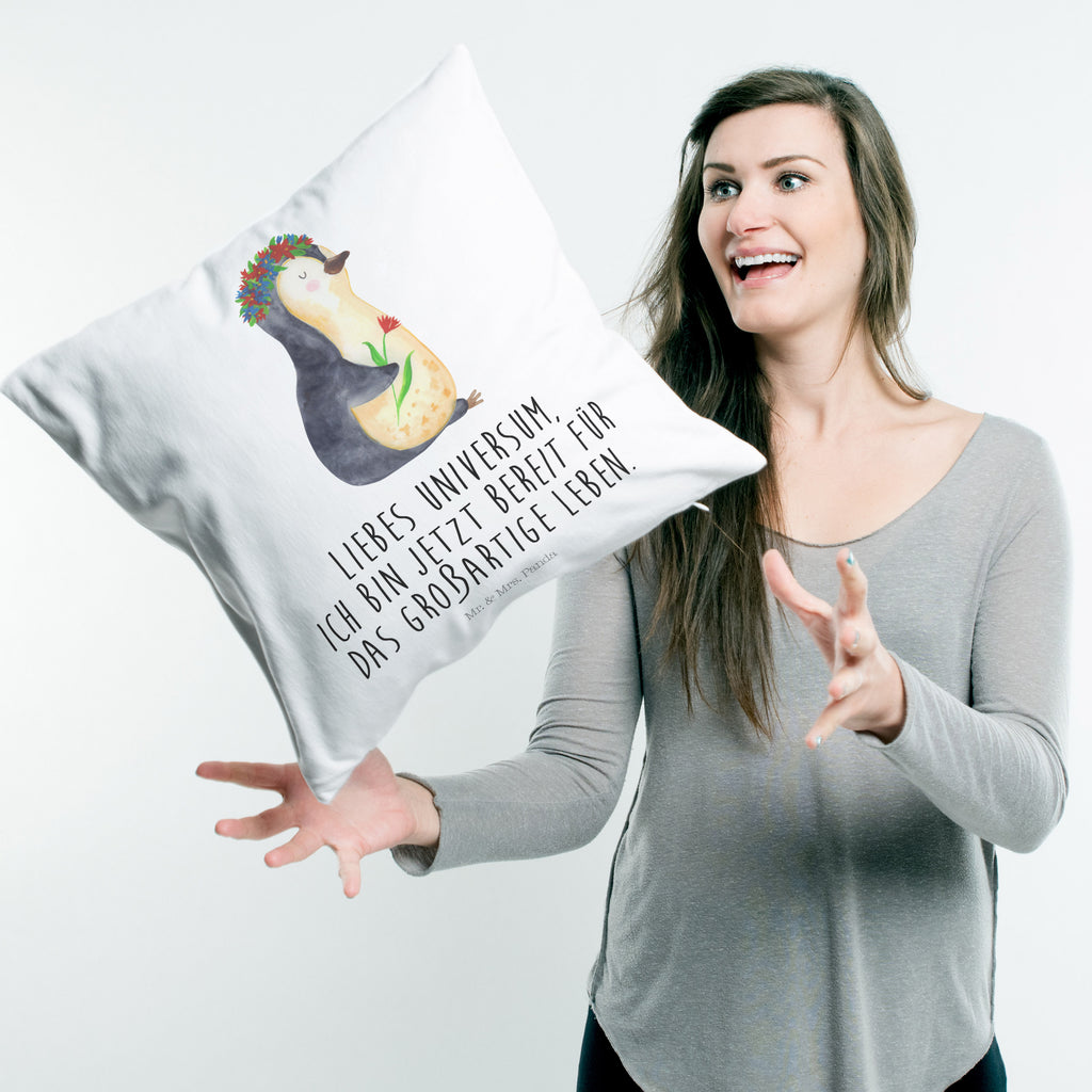 40x40 Kissen Pinguin Blumenkranz Kissenhülle, Kopfkissen, Sofakissen, Dekokissen, Motivkissen, Pinguin, Pinguine, Blumenkranz, Universum, Leben, Wünsche, Ziele, Lebensziele, Motivation, Lebenslust, Liebeskummer, Geschenkidee