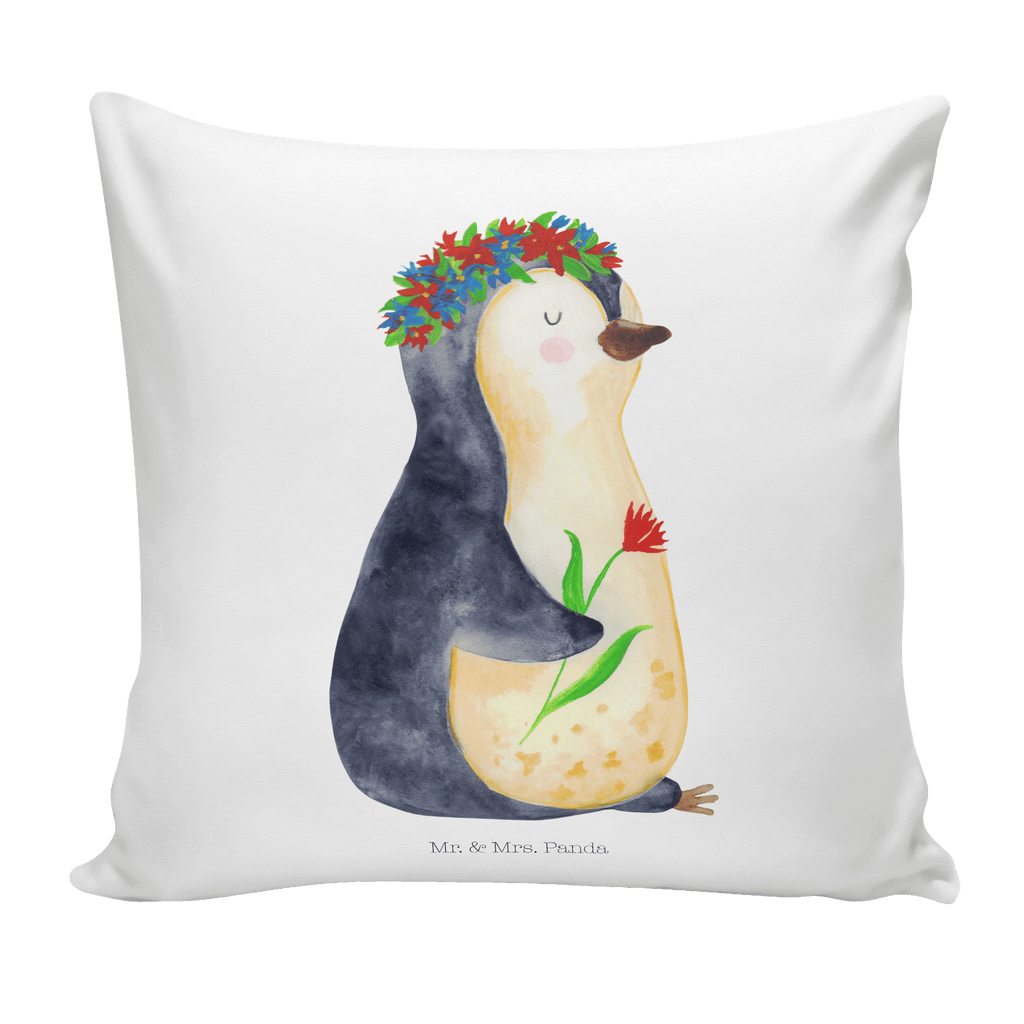40x40 Kissen Pinguin Blumenkranz Kissenhülle, Kopfkissen, Sofakissen, Dekokissen, Motivkissen, Pinguin, Pinguine, Blumenkranz, Universum, Leben, Wünsche, Ziele, Lebensziele, Motivation, Lebenslust, Liebeskummer, Geschenkidee