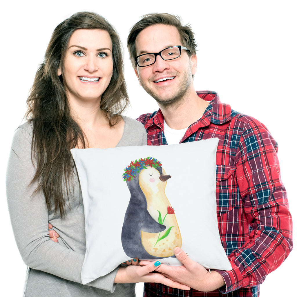 40x40 Kissen Pinguin Blumenkranz Kissenhülle, Kopfkissen, Sofakissen, Dekokissen, Motivkissen, Pinguin, Pinguine, Blumenkranz, Universum, Leben, Wünsche, Ziele, Lebensziele, Motivation, Lebenslust, Liebeskummer, Geschenkidee