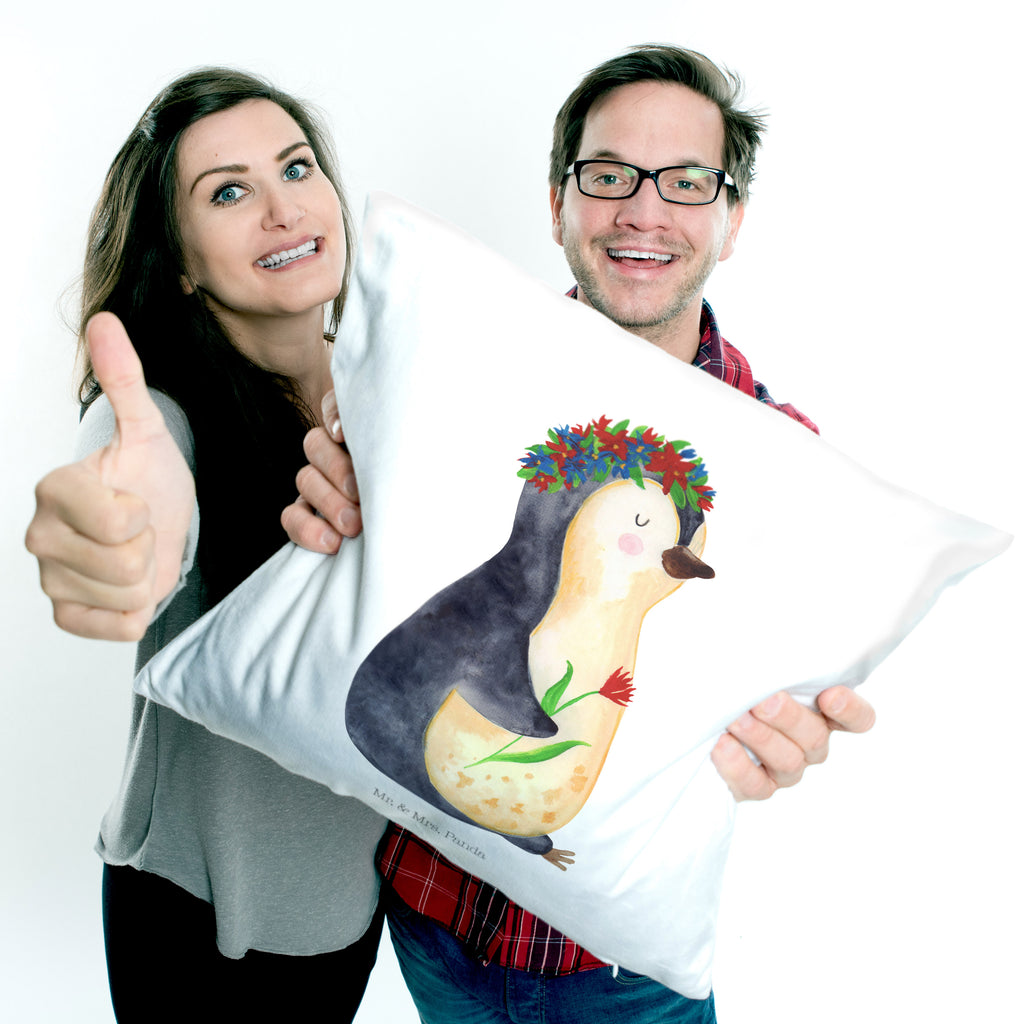 40x40 Kissen Pinguin Blumenkranz Kissenhülle, Kopfkissen, Sofakissen, Dekokissen, Motivkissen, Pinguin, Pinguine, Blumenkranz, Universum, Leben, Wünsche, Ziele, Lebensziele, Motivation, Lebenslust, Liebeskummer, Geschenkidee