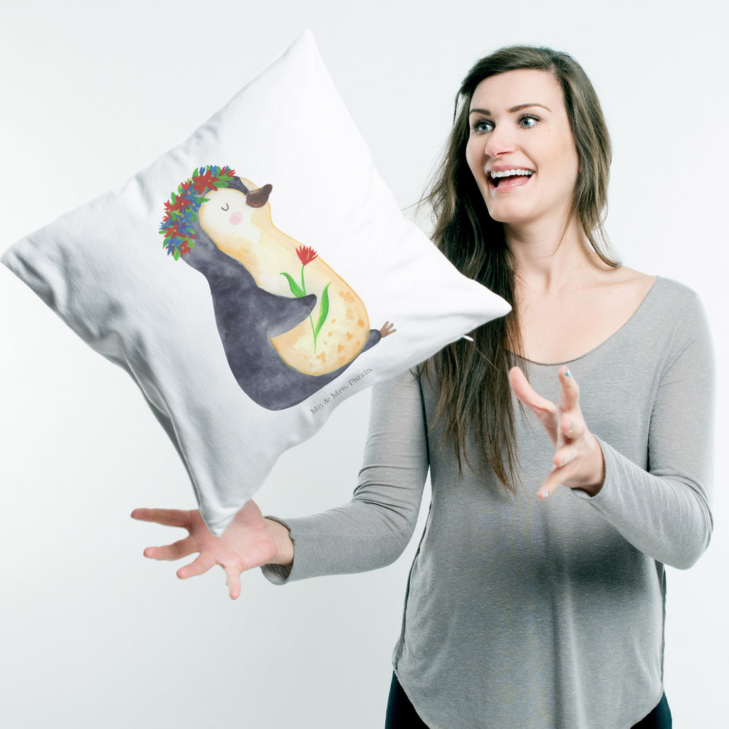 40x40 Kissen Pinguin Blumenkranz Kissenhülle, Kopfkissen, Sofakissen, Dekokissen, Motivkissen, Pinguin, Pinguine, Blumenkranz, Universum, Leben, Wünsche, Ziele, Lebensziele, Motivation, Lebenslust, Liebeskummer, Geschenkidee