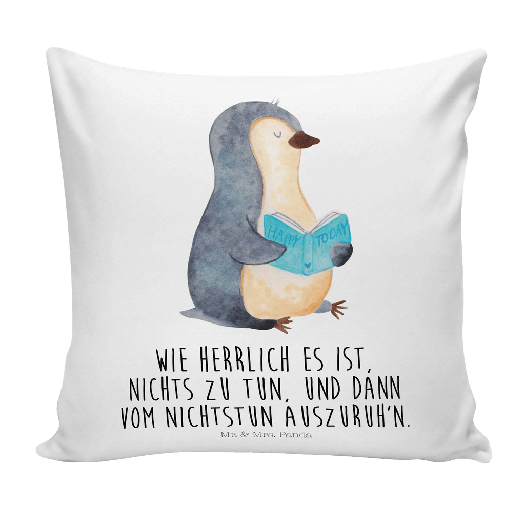 40x40 Kissen Pinguin Buch Kissenhülle, Kopfkissen, Sofakissen, Dekokissen, Motivkissen, Pinguin, Pinguine, Buch, Lesen, Bücherwurm, Nichtstun, Faulenzen, Ferien, Urlaub, Freizeit