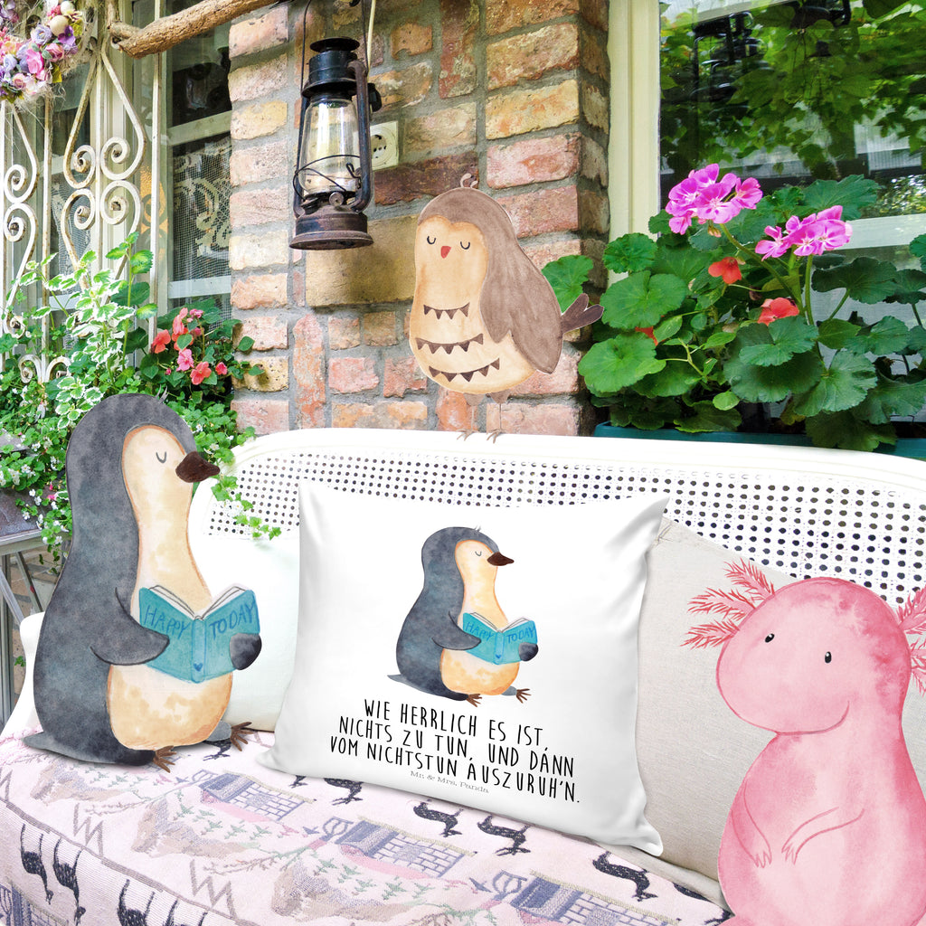 40x40 Kissen Pinguin Buch Kissenhülle, Kopfkissen, Sofakissen, Dekokissen, Motivkissen, Pinguin, Pinguine, Buch, Lesen, Bücherwurm, Nichtstun, Faulenzen, Ferien, Urlaub, Freizeit