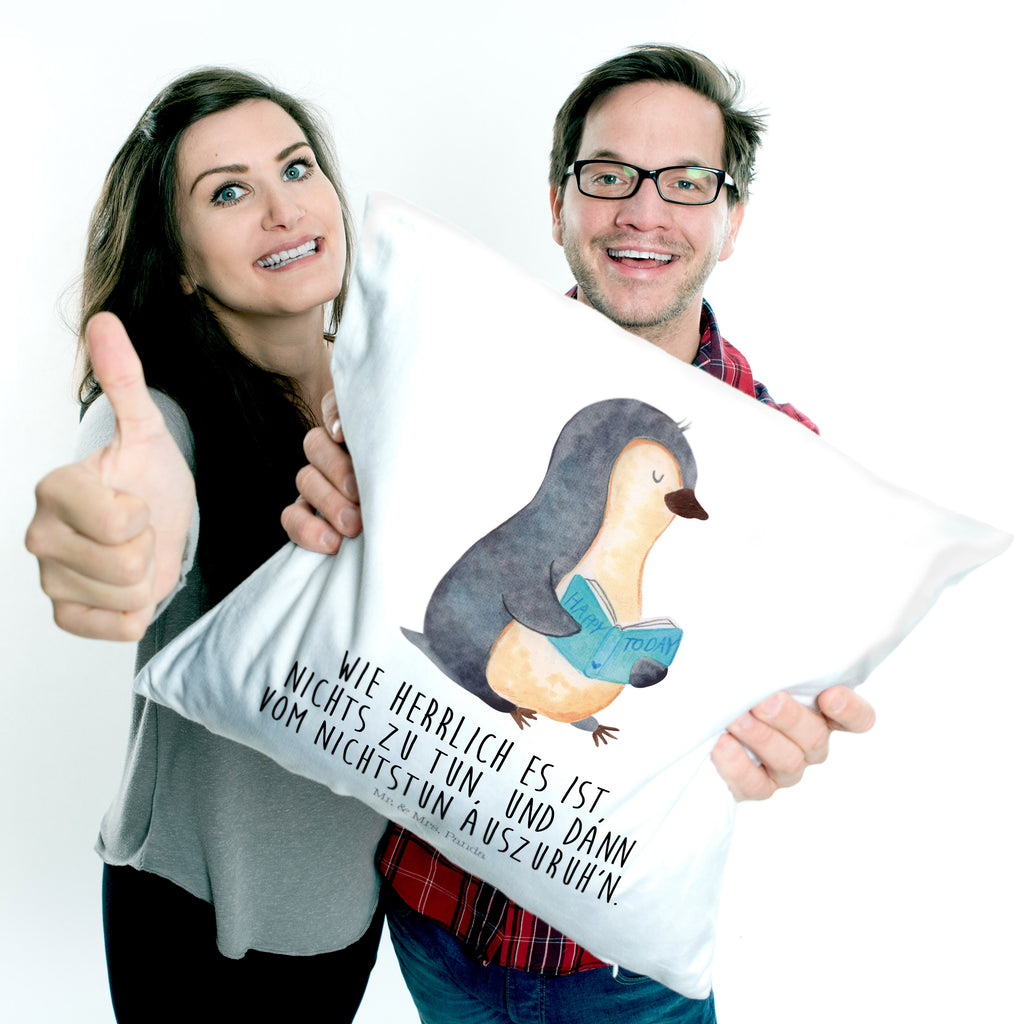 40x40 Kissen Pinguin Buch Kissenhülle, Kopfkissen, Sofakissen, Dekokissen, Motivkissen, Pinguin, Pinguine, Buch, Lesen, Bücherwurm, Nichtstun, Faulenzen, Ferien, Urlaub, Freizeit