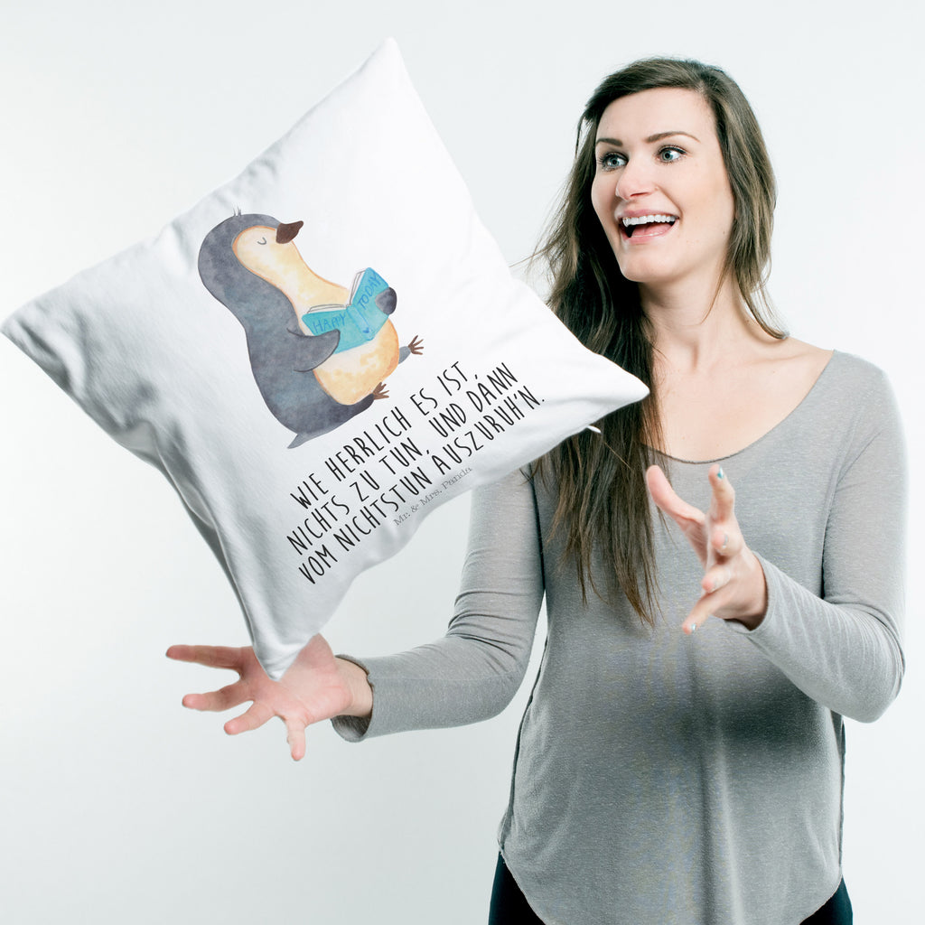 40x40 Kissen Pinguin Buch Kissenhülle, Kopfkissen, Sofakissen, Dekokissen, Motivkissen, Pinguin, Pinguine, Buch, Lesen, Bücherwurm, Nichtstun, Faulenzen, Ferien, Urlaub, Freizeit