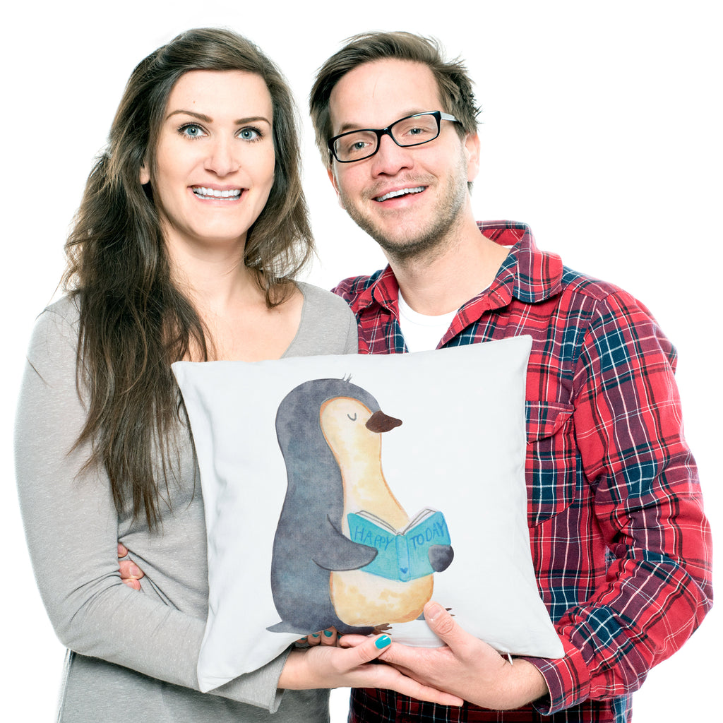 40x40 Kissen Pinguin Buch Kissenhülle, Kopfkissen, Sofakissen, Dekokissen, Motivkissen, Pinguin, Pinguine, Buch, Lesen, Bücherwurm, Nichtstun, Faulenzen, Ferien, Urlaub, Freizeit