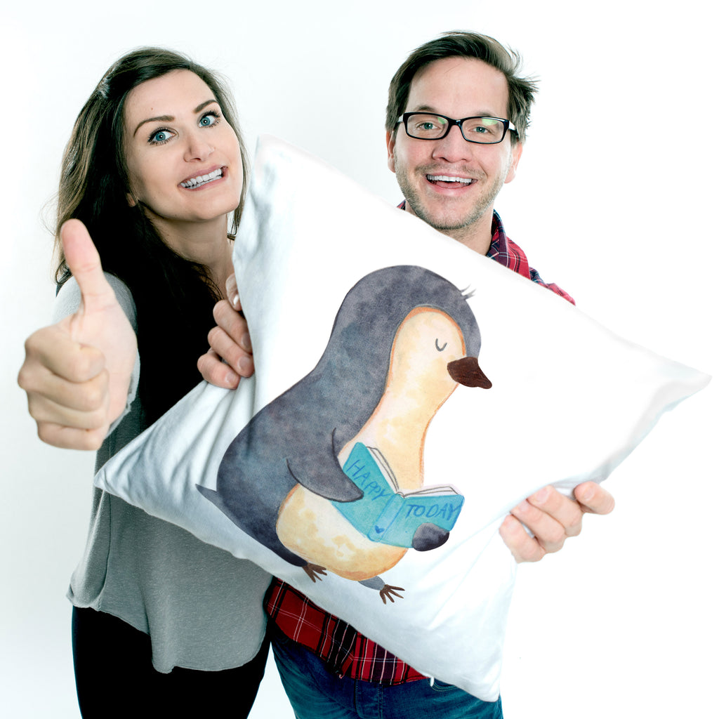 40x40 Kissen Pinguin Buch Kissenhülle, Kopfkissen, Sofakissen, Dekokissen, Motivkissen, Pinguin, Pinguine, Buch, Lesen, Bücherwurm, Nichtstun, Faulenzen, Ferien, Urlaub, Freizeit