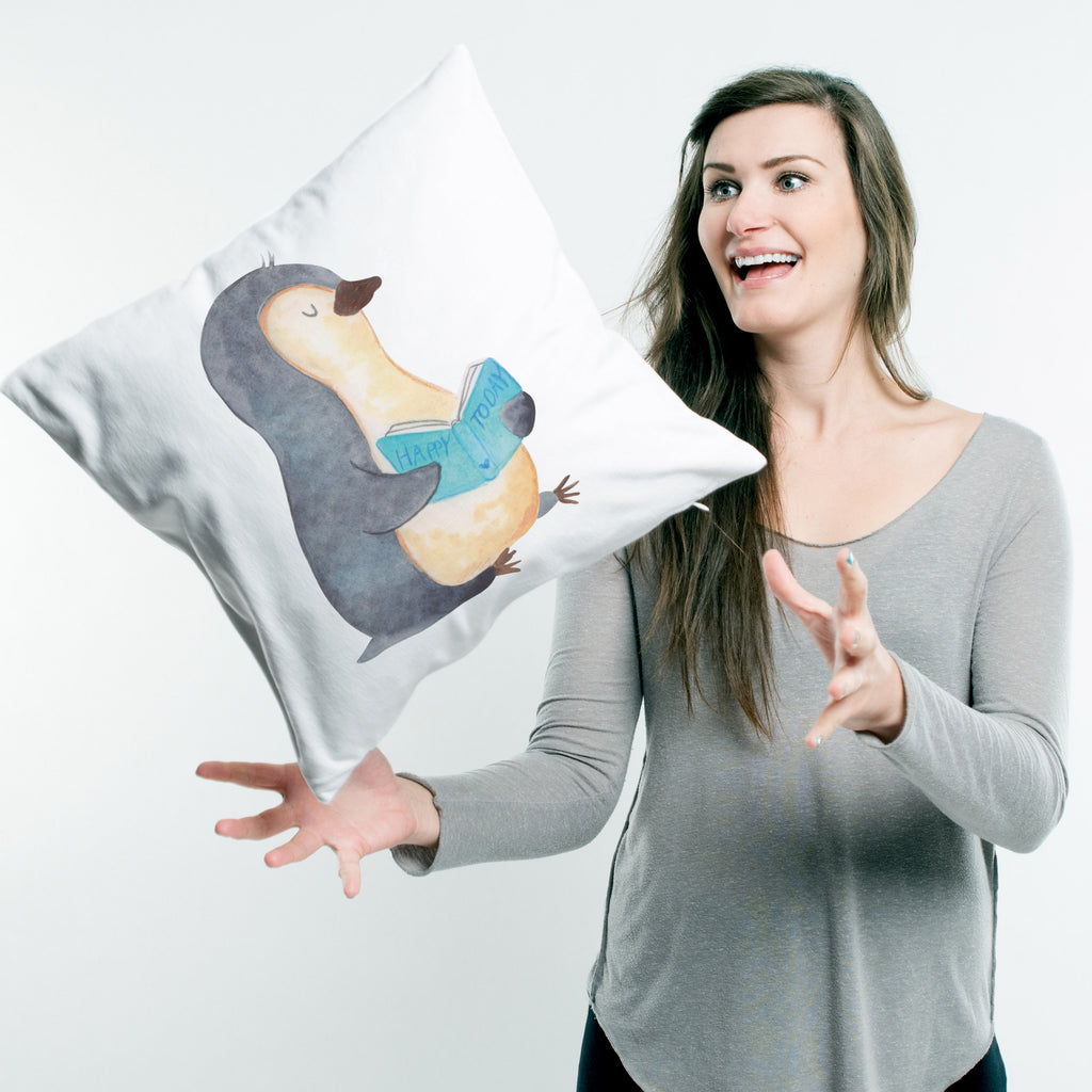 40x40 Kissen Pinguin Buch Kissenhülle, Kopfkissen, Sofakissen, Dekokissen, Motivkissen, Pinguin, Pinguine, Buch, Lesen, Bücherwurm, Nichtstun, Faulenzen, Ferien, Urlaub, Freizeit