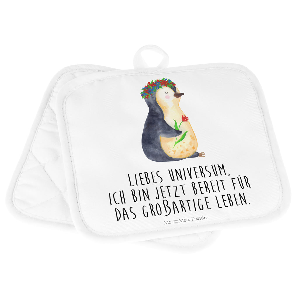 2er Set Topflappen  Pinguin Blumenkranz Topflappen, Topfuntersetzer, Ofenhandschuh, Topflappen Set, Topflappen lustig, Topflappen mit Spruch, Pinguin, Pinguine, Blumenkranz, Universum, Leben, Wünsche, Ziele, Lebensziele, Motivation, Lebenslust, Liebeskummer, Geschenkidee