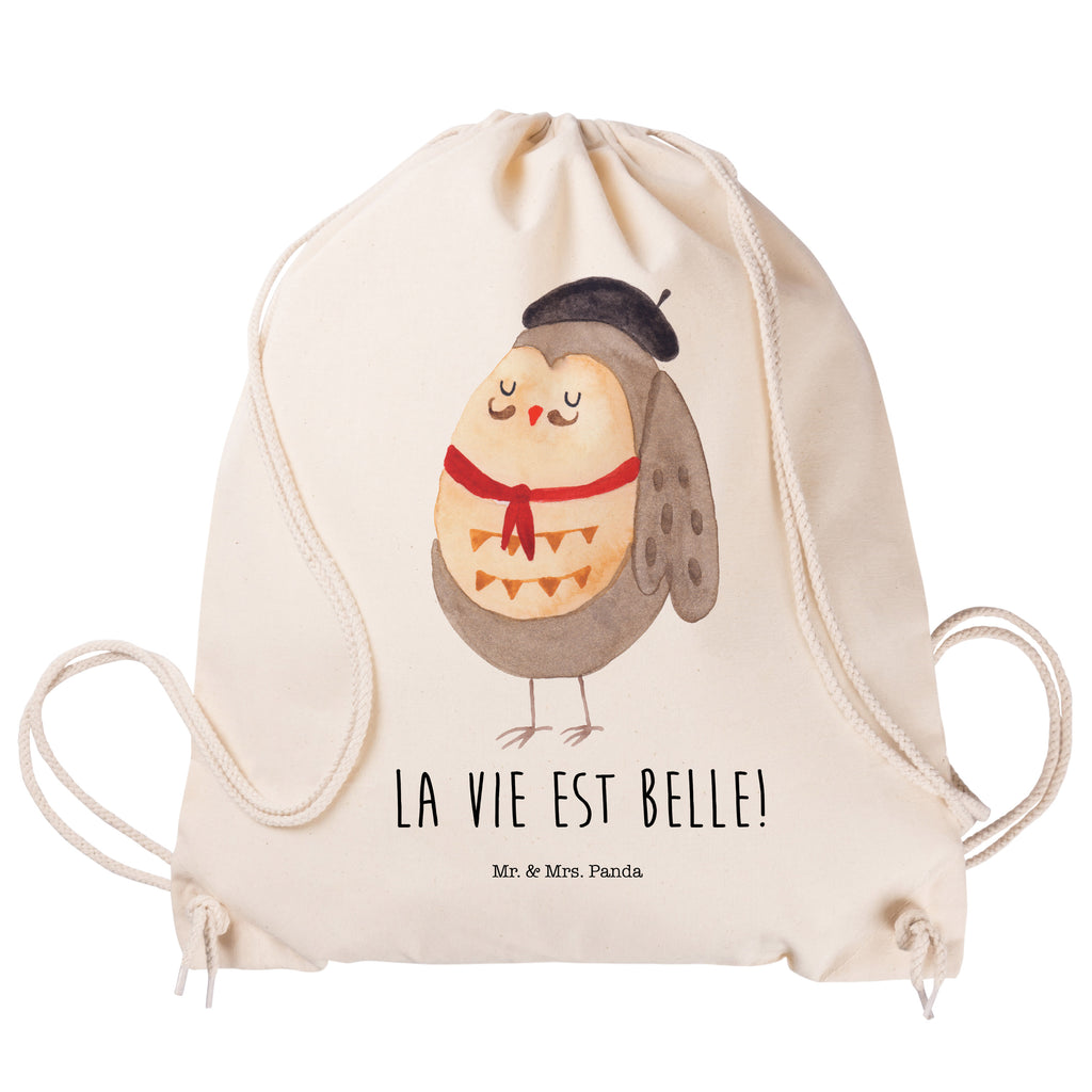 Sportbeutel Eule Französisch Turnbeutel, Beutel, Sporttasche, Tasche, Stoffbeutel, Eule, Eulen, Eule Deko, Owl, hibou, La vie est belle, das Leben ist schön, Spruch schön, Spruch Französisch, Frankreich