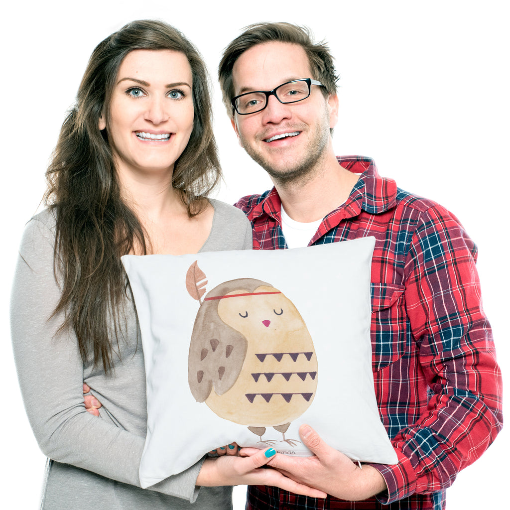 40x40 Kissen Eule Federschmuck Kissenhülle, Kopfkissen, Sofakissen, Dekokissen, Motivkissen, Eule, Eule Deko, Owl, Das Leben ist ein Abenteuer, Reisespruch, Federschmuck, Dekoration