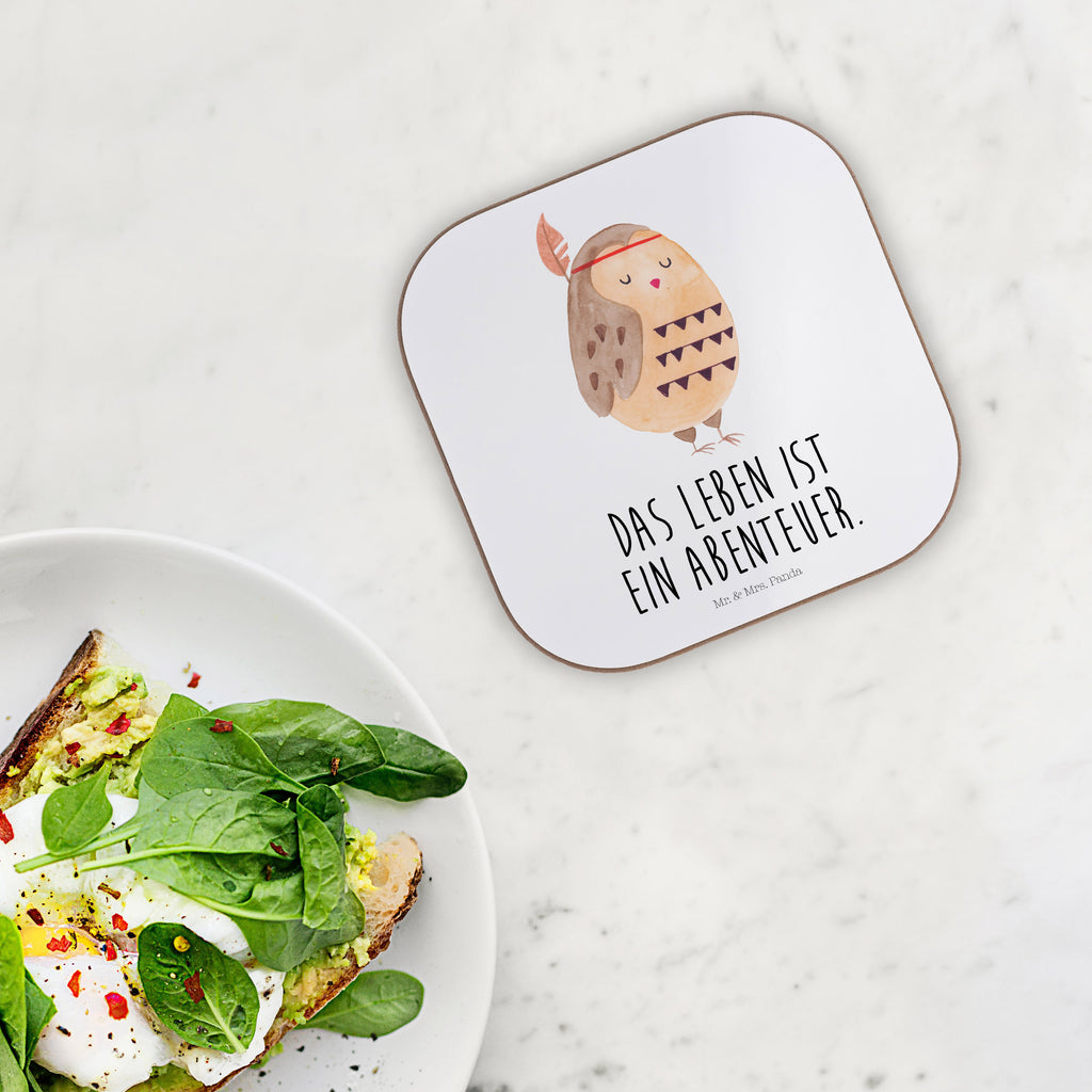 Quadratische Untersetzer Eule Federschmuck Bierdeckel, Glasuntersetzer, Untersetzer Gläser, Getränkeuntersetzer, Eule, Eule Deko, Owl, Das Leben ist ein Abenteuer, Reisespruch, Federschmuck, Dekoration