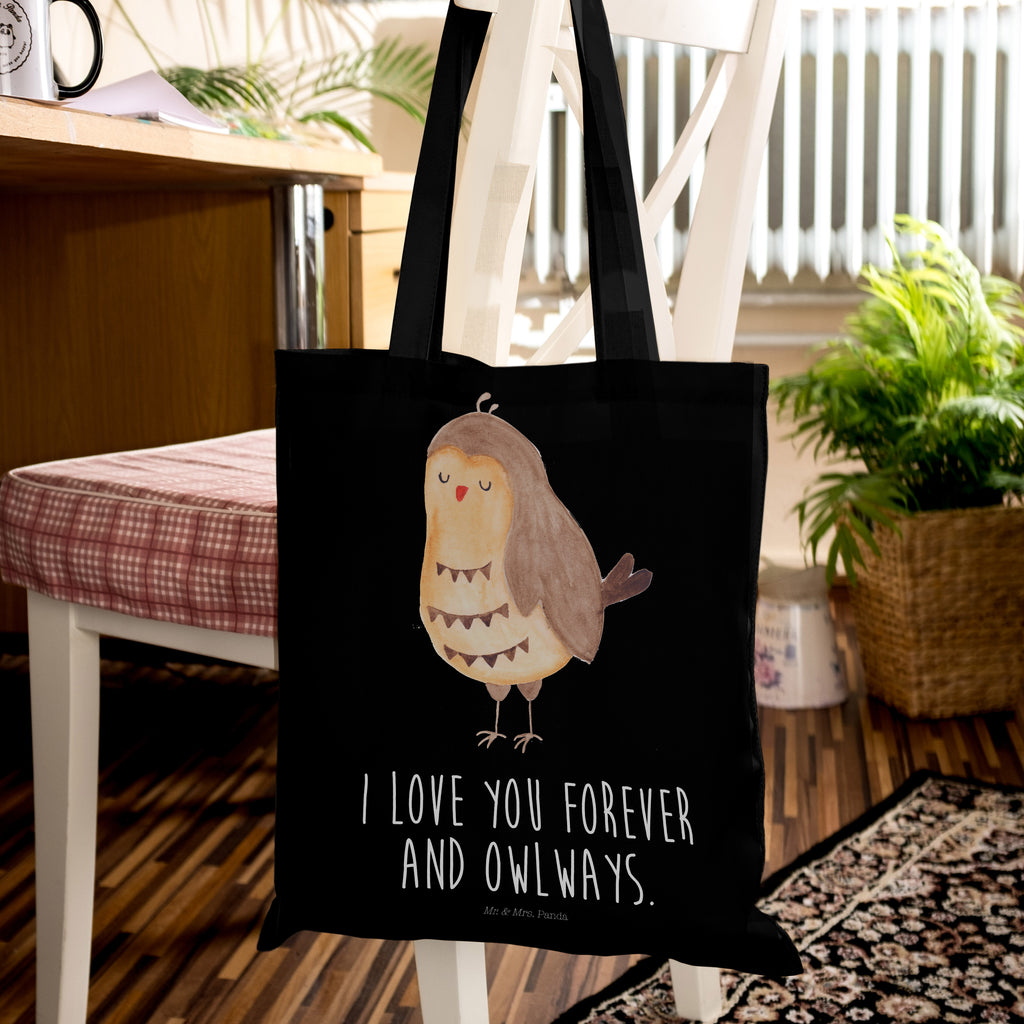 Tragetasche Eule Zufrieden Beuteltasche, Beutel, Einkaufstasche, Jutebeutel, Stoffbeutel, Eule, Eule Spruch, Eule deko, Owl, Liebe Spruch, Romantisch, Wortspiel lustig, Spruch schön, Geschenk Hochzeitstag