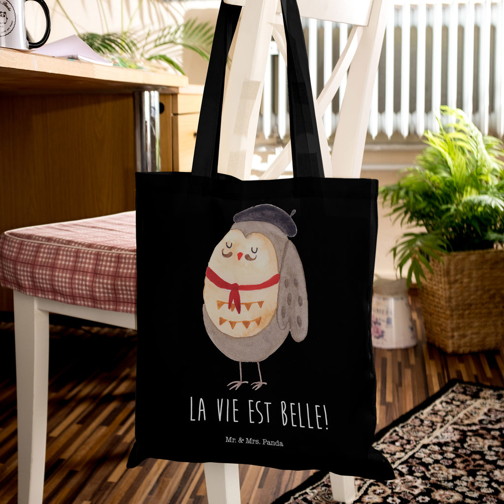 Tragetasche Eule Französisch Beuteltasche, Beutel, Einkaufstasche, Jutebeutel, Stoffbeutel, Eule, Eulen, Eule Deko, Owl, hibou, La vie est belle, das Leben ist schön, Spruch schön, Spruch Französisch, Frankreich