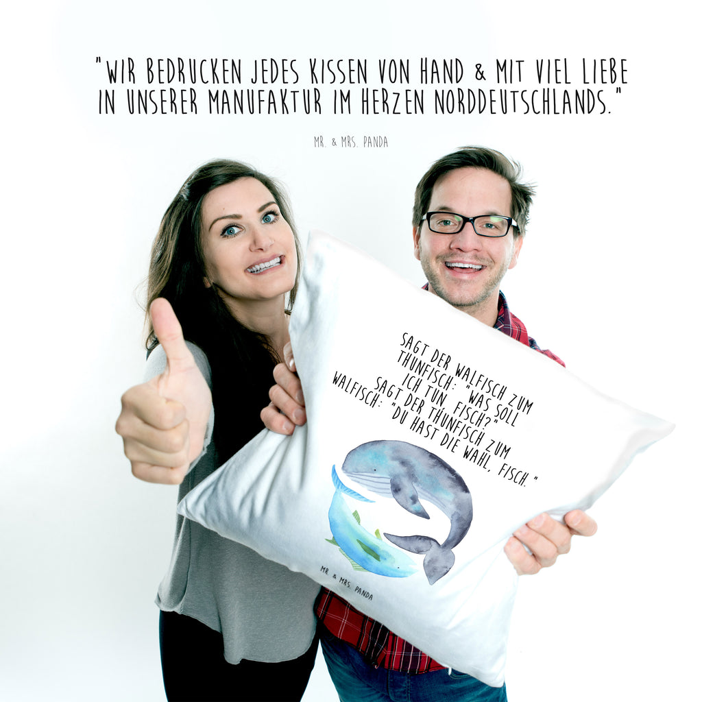 40x40 Kissen Walfisch & Thunfisch Kissenhülle, Kopfkissen, Sofakissen, Dekokissen, Motivkissen, Tiermotive, Gute Laune, lustige Sprüche, Tiere, Wal, Wahl, Tunfisch, Wortwitz lustig, Spruch lustig, Flachwitz, Witz, Spruch des Tages, Flachwitz Geschenk