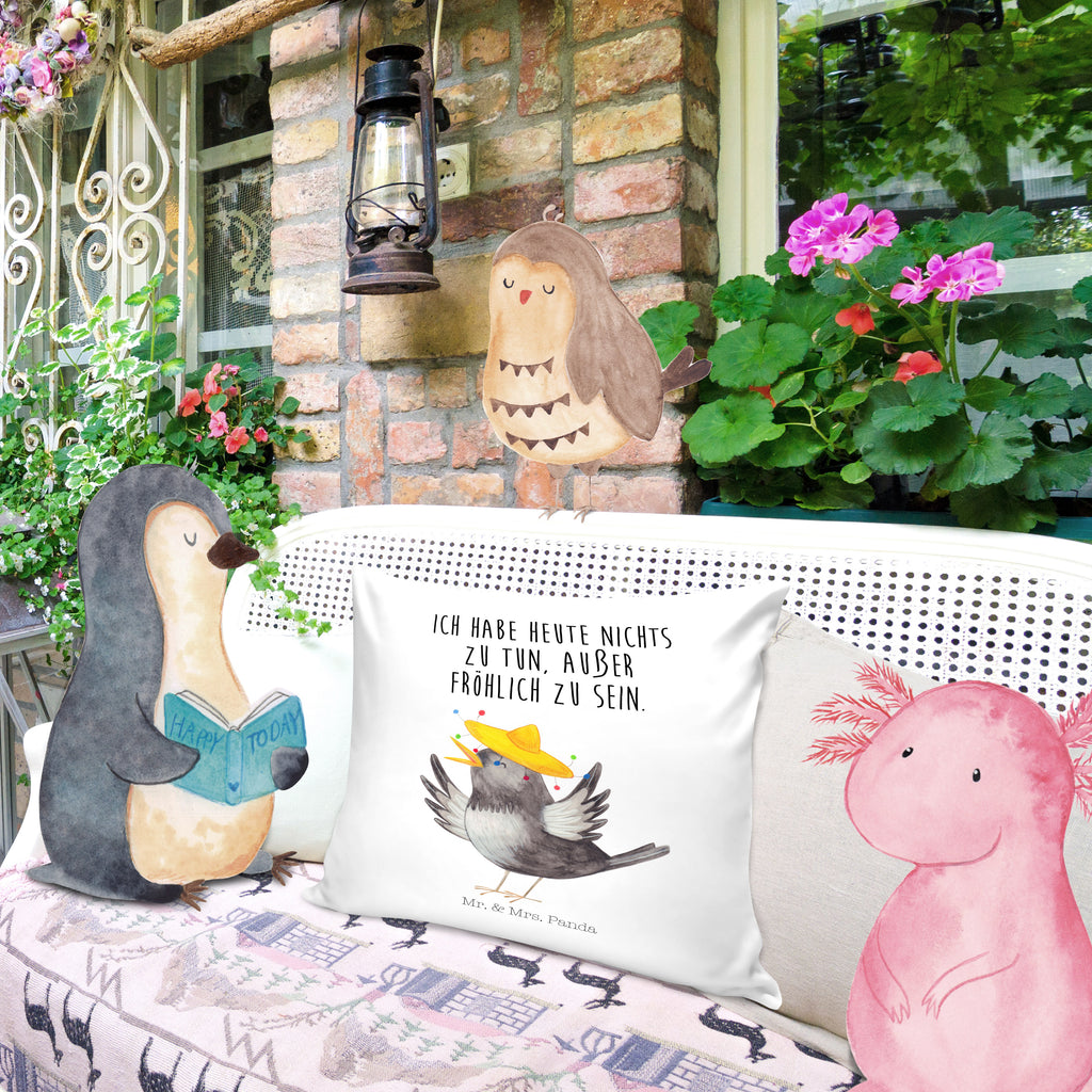 40x40 Kissen Rabe mit Sombrero Kissenhülle, Kopfkissen, Sofakissen, Dekokissen, Motivkissen, Tiermotive, Gute Laune, lustige Sprüche, Tiere, Rabe, Vogel, Vögel, Spruch positiv, fröhlich sein, glücklich sein, Glück Spruch, froh, Elster, Motivation