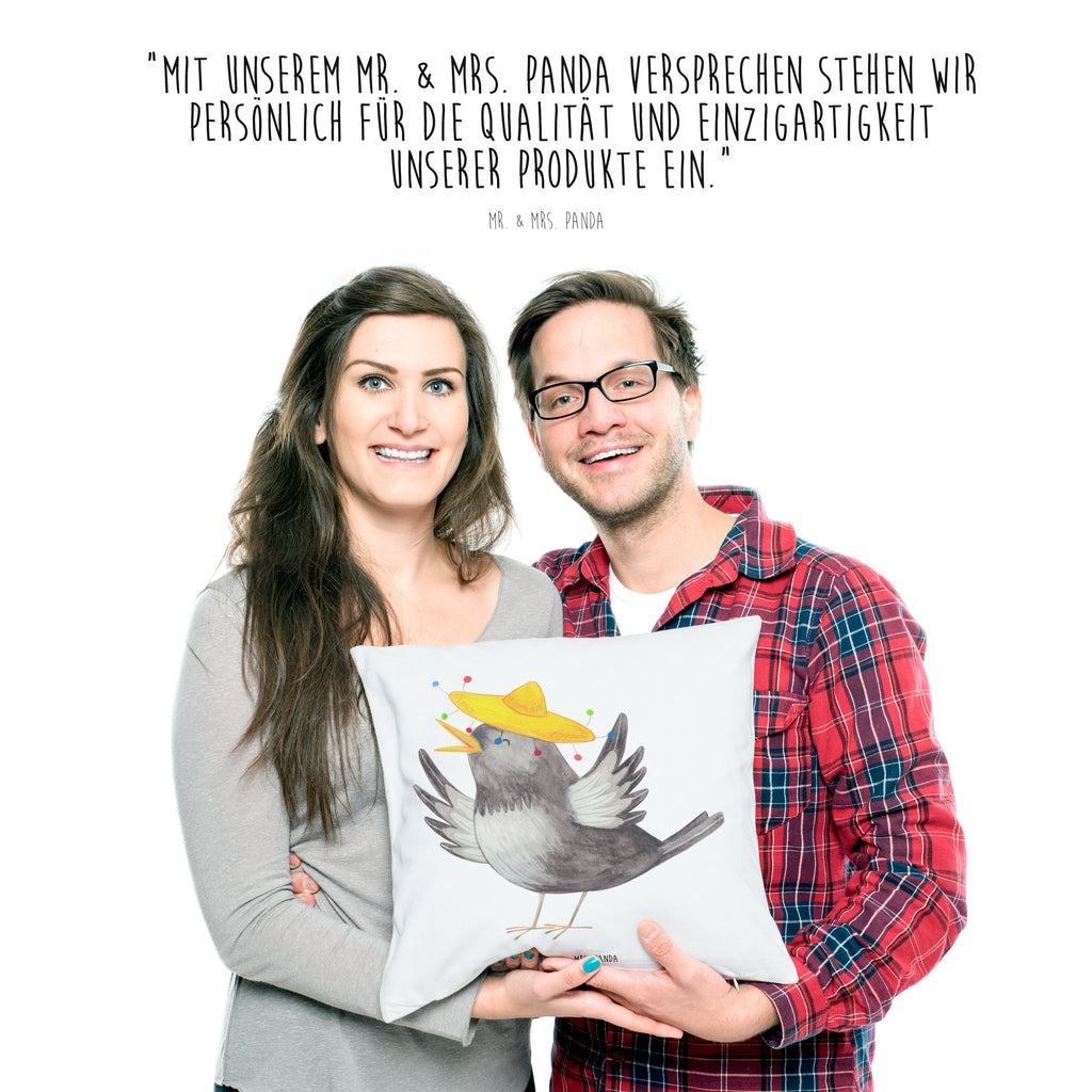 40x40 Kissen Rabe mit Sombrero Kissenhülle, Kopfkissen, Sofakissen, Dekokissen, Motivkissen, Tiermotive, Gute Laune, lustige Sprüche, Tiere, Rabe, Vogel, Vögel, Spruch positiv, fröhlich sein, glücklich sein, Glück Spruch, froh, Elster, Motivation