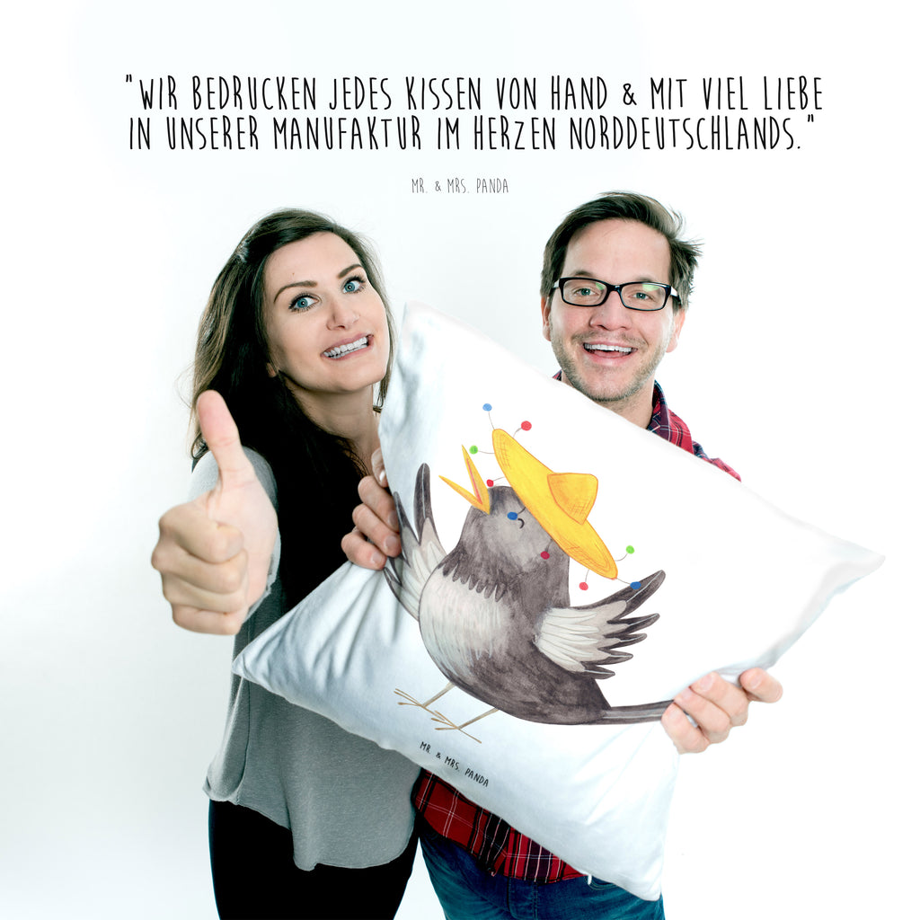 40x40 Kissen Rabe mit Sombrero Kissenhülle, Kopfkissen, Sofakissen, Dekokissen, Motivkissen, Tiermotive, Gute Laune, lustige Sprüche, Tiere, Rabe, Vogel, Vögel, Spruch positiv, fröhlich sein, glücklich sein, Glück Spruch, froh, Elster, Motivation