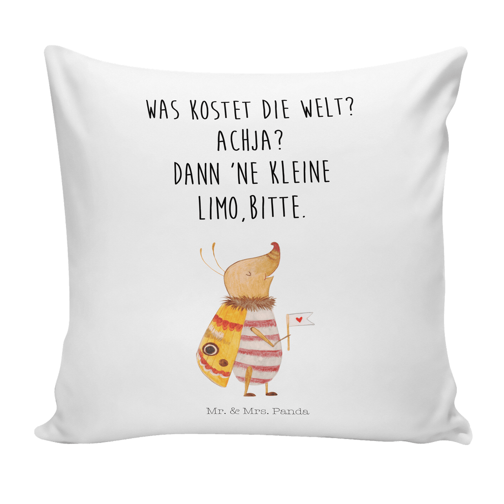 40x40 Kissen Nachtfalter mit Fähnchen Kissenhülle, Kopfkissen, Sofakissen, Dekokissen, Motivkissen, Tiermotive, Gute Laune, lustige Sprüche, Tiere, Nachtfalter, Käfer, Spruch lustig, Spruch witzig, süß, niedlich, Küche Deko, Was kostet die Welt
