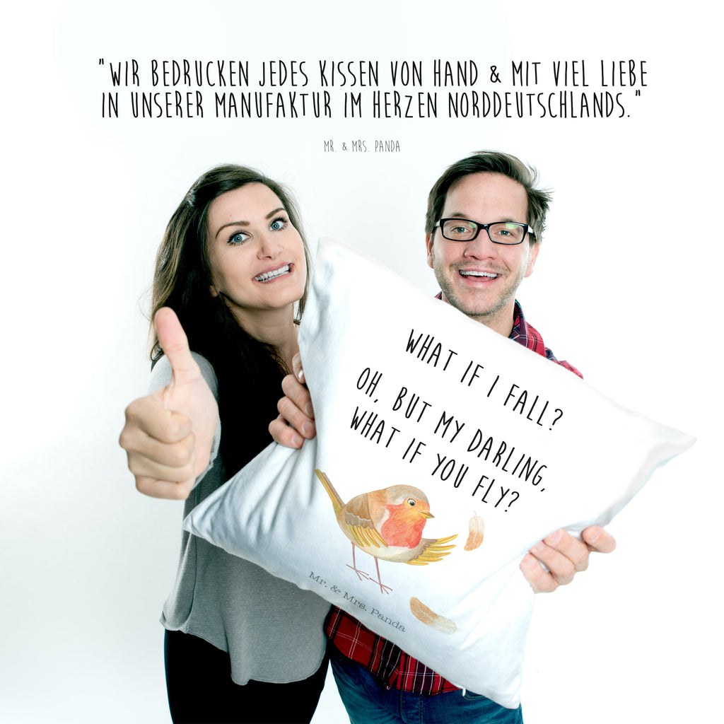40x40 Kissen Rotkehlchen mit Federn Kissenhülle, Kopfkissen, Sofakissen, Dekokissen, Motivkissen, Tiermotive, Gute Laune, lustige Sprüche, Tiere, What if i fall, Rotkehlchen, Spruch Motivation, Spruch Mut, Vogel, Motivation Sprüche, Motivationsbilder, fliegen