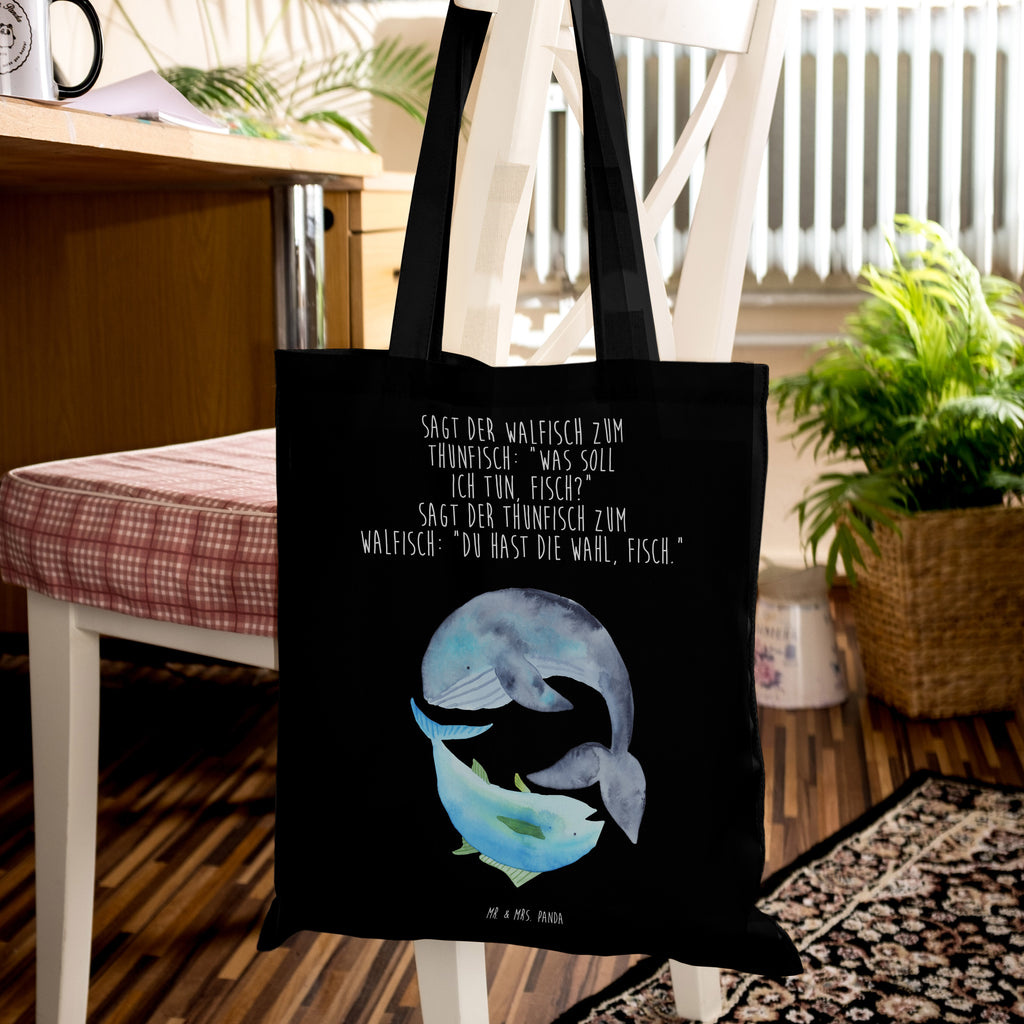 Tragetasche Walfisch & Thunfisch Beuteltasche, Beutel, Einkaufstasche, Jutebeutel, Stoffbeutel, Tiermotive, Gute Laune, lustige Sprüche, Tiere, Wal, Wahl, Tunfisch, Wortwitz lustig, Spruch lustig, Flachwitz, Witz, Spruch des Tages, Flachwitz Geschenk