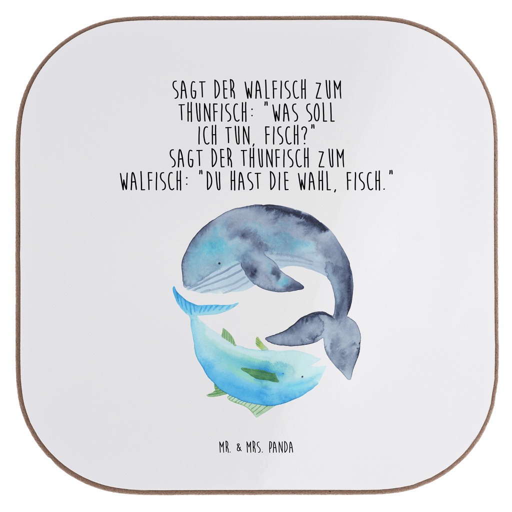 Quadratische Untersetzer Walfisch & Thunfisch Bierdeckel, Glasuntersetzer, Untersetzer Gläser, Getränkeuntersetzer, Tiermotive, Gute Laune, lustige Sprüche, Tiere, Wal, Wahl, Tunfisch, Wortwitz lustig, Spruch lustig, Flachwitz, Witz, Spruch des Tages, Flachwitz Geschenk