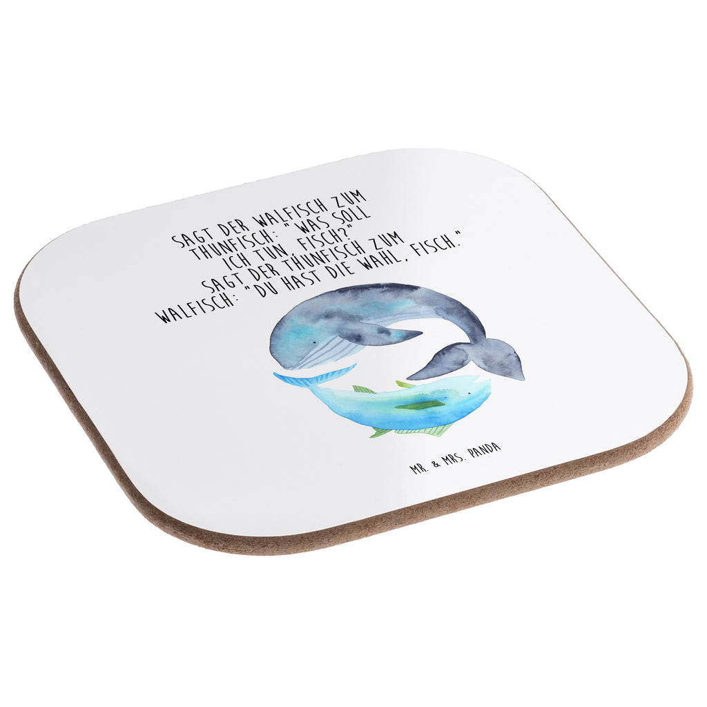 Quadratische Untersetzer Walfisch & Thunfisch Bierdeckel, Glasuntersetzer, Untersetzer Gläser, Getränkeuntersetzer, Tiermotive, Gute Laune, lustige Sprüche, Tiere, Wal, Wahl, Tunfisch, Wortwitz lustig, Spruch lustig, Flachwitz, Witz, Spruch des Tages, Flachwitz Geschenk