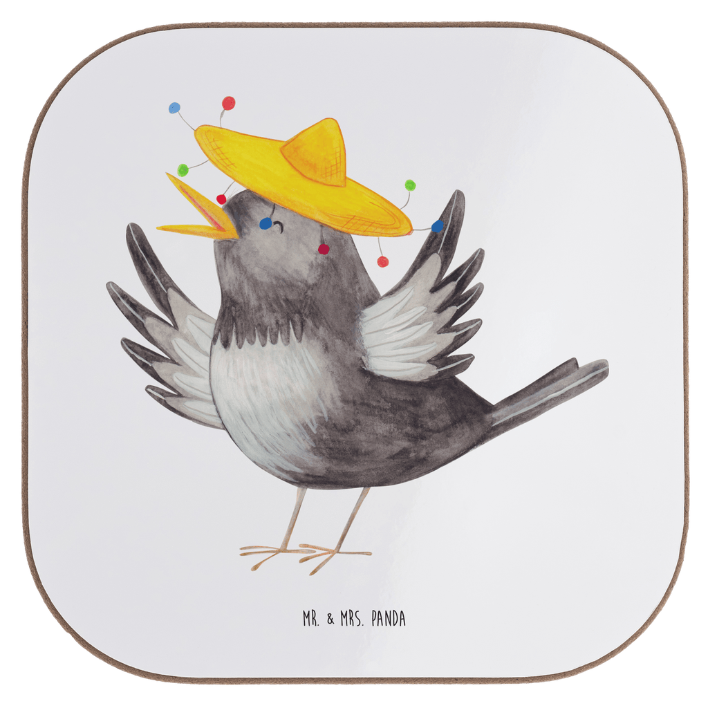 Quadratische Untersetzer Rabe mit Sombrero Bierdeckel, Glasuntersetzer, Untersetzer Gläser, Getränkeuntersetzer, Tiermotive, Gute Laune, lustige Sprüche, Tiere, Rabe, Vogel, Vögel, Spruch positiv, fröhlich sein, glücklich sein, Glück Spruch, froh, Elster, Motivation