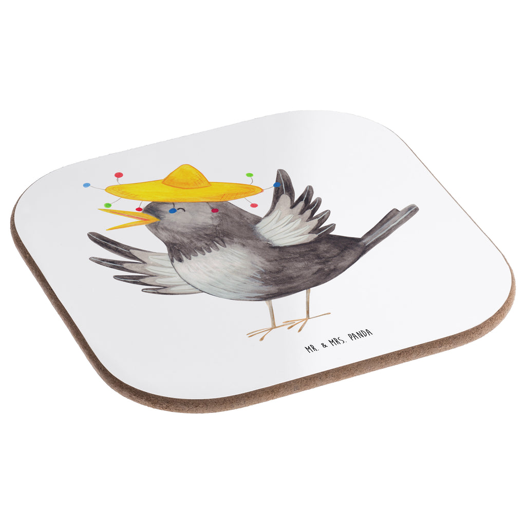Quadratische Untersetzer Rabe mit Sombrero Bierdeckel, Glasuntersetzer, Untersetzer Gläser, Getränkeuntersetzer, Tiermotive, Gute Laune, lustige Sprüche, Tiere, Rabe, Vogel, Vögel, Spruch positiv, fröhlich sein, glücklich sein, Glück Spruch, froh, Elster, Motivation
