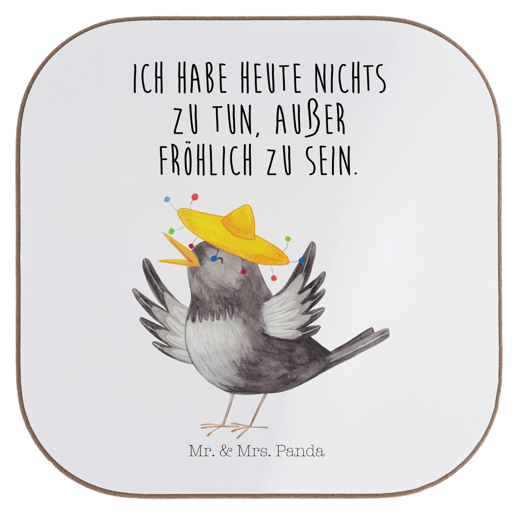 Quadratische Untersetzer Rabe mit Sombrero Bierdeckel, Glasuntersetzer, Untersetzer Gläser, Getränkeuntersetzer, Tiermotive, Gute Laune, lustige Sprüche, Tiere, Rabe, Vogel, Vögel, Spruch positiv, fröhlich sein, glücklich sein, Glück Spruch, froh, Elster, Motivation