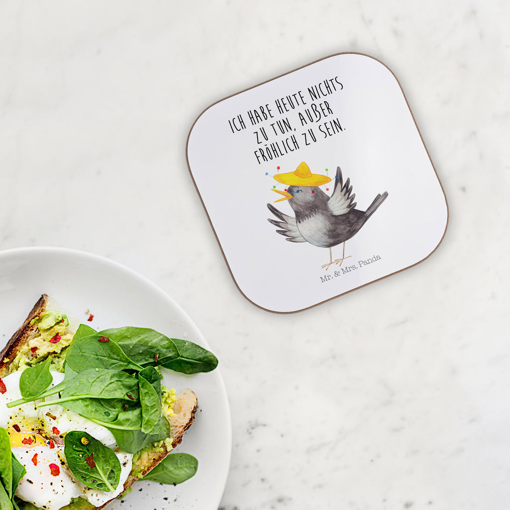 Quadratische Untersetzer Rabe mit Sombrero Bierdeckel, Glasuntersetzer, Untersetzer Gläser, Getränkeuntersetzer, Tiermotive, Gute Laune, lustige Sprüche, Tiere, Rabe, Vogel, Vögel, Spruch positiv, fröhlich sein, glücklich sein, Glück Spruch, froh, Elster, Motivation