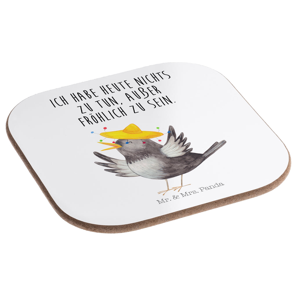 Quadratische Untersetzer Rabe mit Sombrero Bierdeckel, Glasuntersetzer, Untersetzer Gläser, Getränkeuntersetzer, Tiermotive, Gute Laune, lustige Sprüche, Tiere, Rabe, Vogel, Vögel, Spruch positiv, fröhlich sein, glücklich sein, Glück Spruch, froh, Elster, Motivation