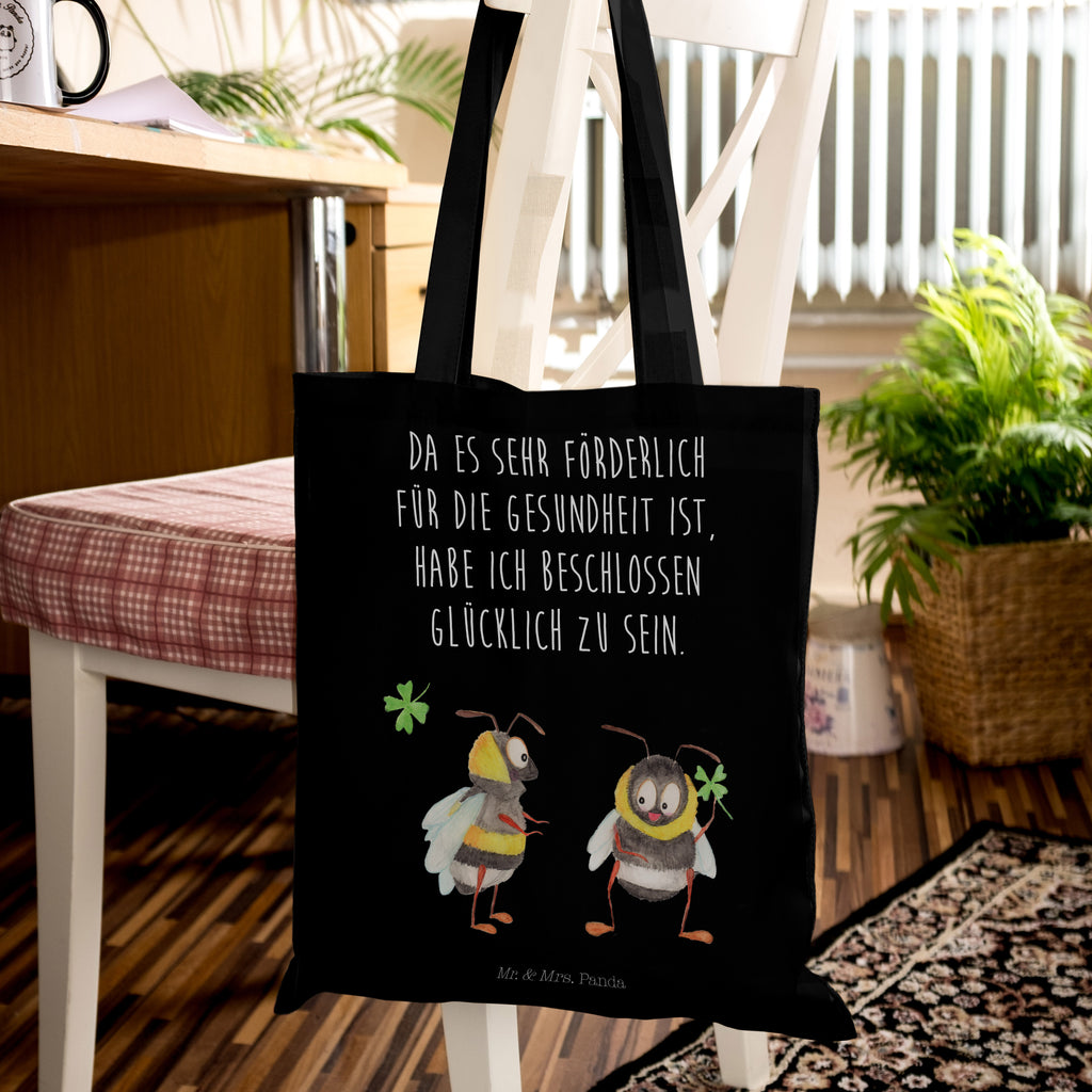 Tragetasche Hummeln mit Kleeblatt Beuteltasche, Beutel, Einkaufstasche, Jutebeutel, Stoffbeutel, Tiermotive, Gute Laune, lustige Sprüche, Tiere, Hummel, Biene, Spruch positiv, Biene Deko, Spruch schön, glücklich sein, glücklich werden, Spruch fröhlich