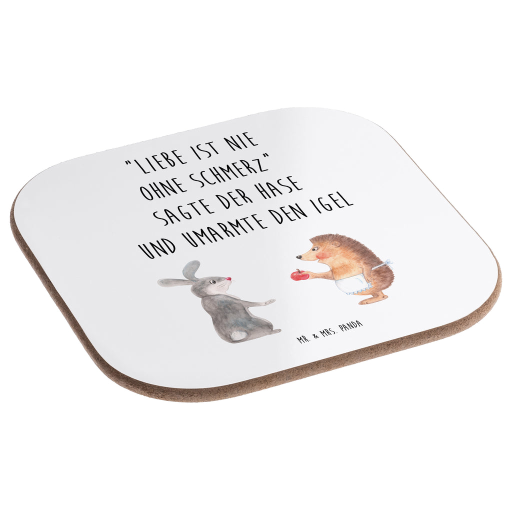 Quadratische Untersetzer Liebe ist nie ohne Schmerz Bierdeckel, Glasuntersetzer, Untersetzer Gläser, Getränkeuntersetzer, Tiermotive, Gute Laune, lustige Sprüche, Tiere, Igel und Hase, Igel, Hase, Liebe Spruch, Liebeskummer Geschenk, Herzschmerz, Trösten, Trennungsschmerz, Spruch romantisch