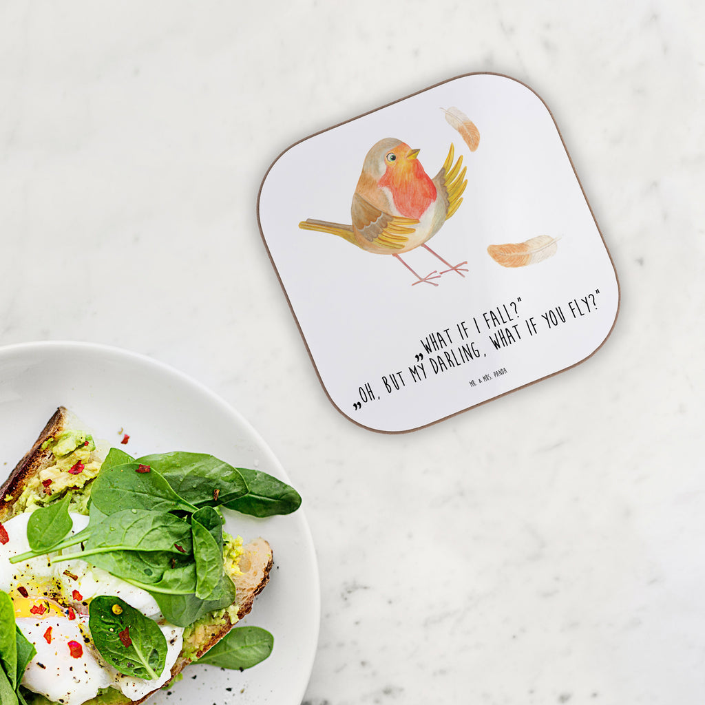 Quadratische Untersetzer Rotkehlchen mit Federn Bierdeckel, Glasuntersetzer, Untersetzer Gläser, Getränkeuntersetzer, Tiermotive, Gute Laune, lustige Sprüche, Tiere, What if i fall, Rotkehlchen, Spruch Motivation, Spruch Mut, Vogel, Motivation Sprüche, Motivationsbilder, fliegen