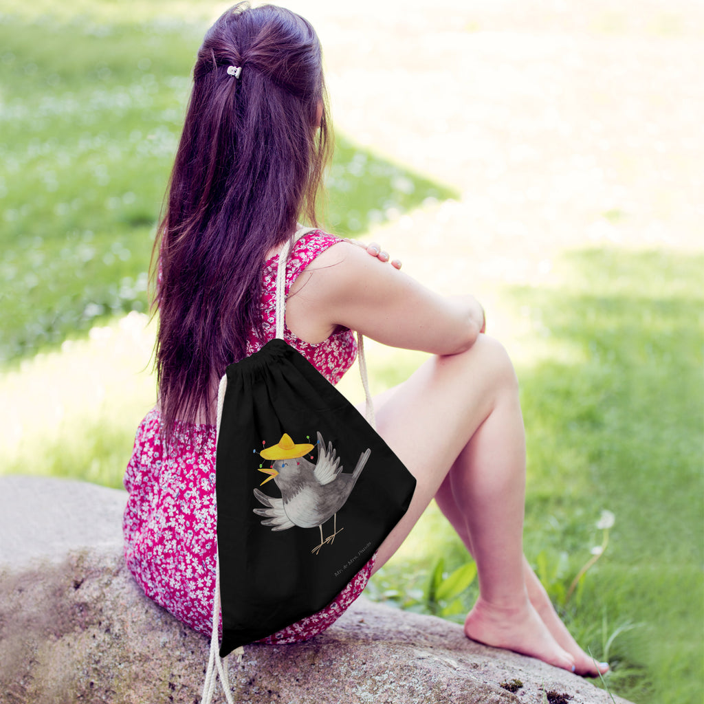 Sportbeutel Rabe mit Sombrero Turnbeutel, Beutel, Sporttasche, Tasche, Stoffbeutel, Tiermotive, Gute Laune, lustige Sprüche, Tiere, Rabe, Vogel, Vögel, Spruch positiv, fröhlich sein, glücklich sein, Glück Spruch, froh, Elster, Motivation