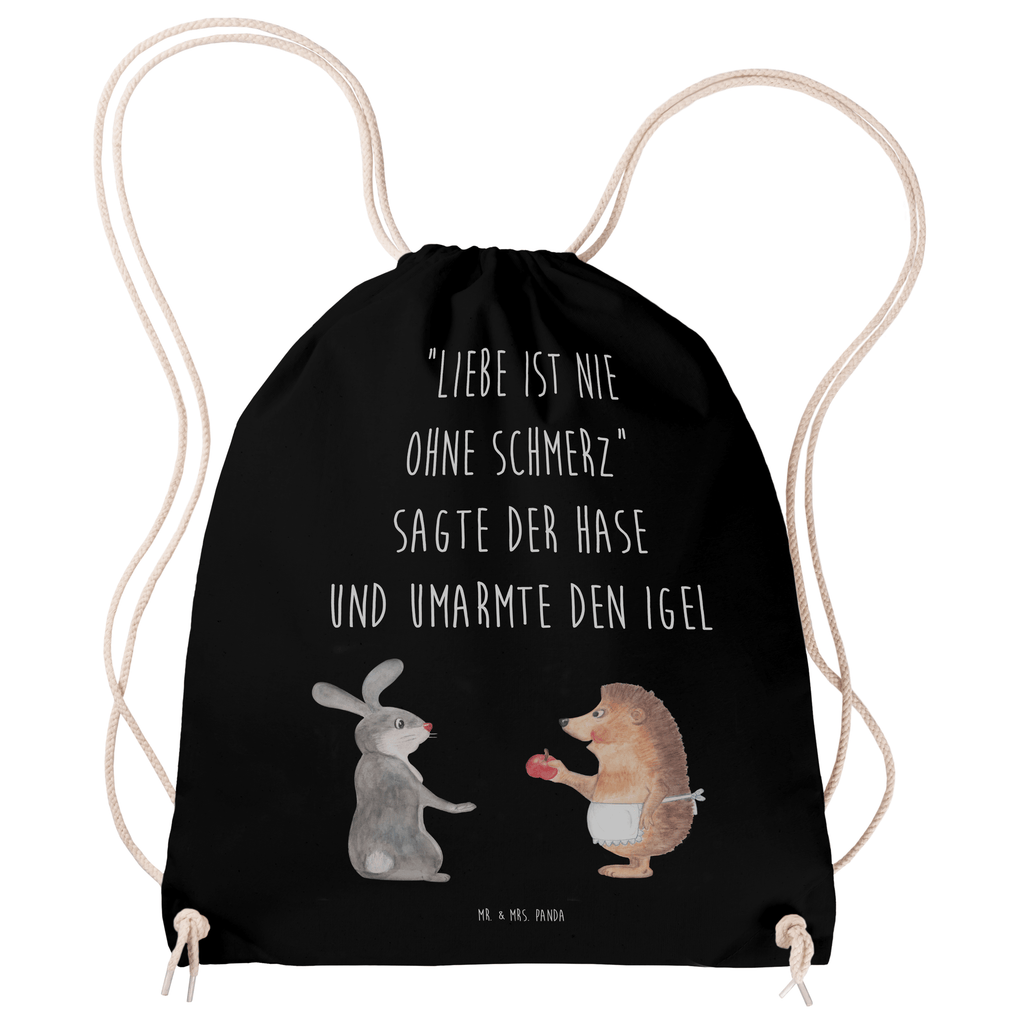 Sportbeutel Liebe ist nie ohne Schmerz Turnbeutel, Beutel, Sporttasche, Tasche, Stoffbeutel, Tiermotive, Gute Laune, lustige Sprüche, Tiere, Igel und Hase, Igel, Hase, Liebe Spruch, Liebeskummer Geschenk, Herzschmerz, Trösten, Trennungsschmerz, Spruch romantisch