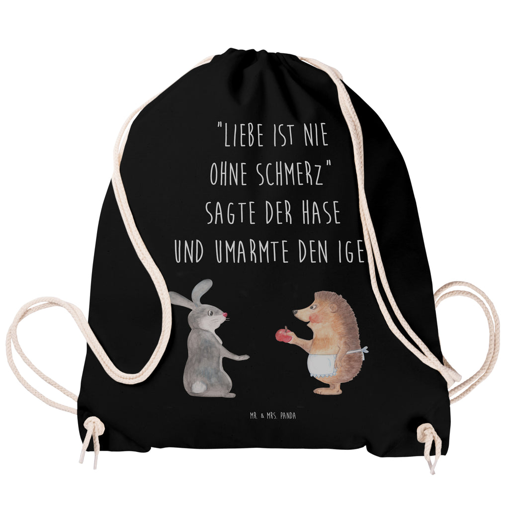 Sportbeutel Liebe ist nie ohne Schmerz Turnbeutel, Beutel, Sporttasche, Tasche, Stoffbeutel, Tiermotive, Gute Laune, lustige Sprüche, Tiere, Igel und Hase, Igel, Hase, Liebe Spruch, Liebeskummer Geschenk, Herzschmerz, Trösten, Trennungsschmerz, Spruch romantisch