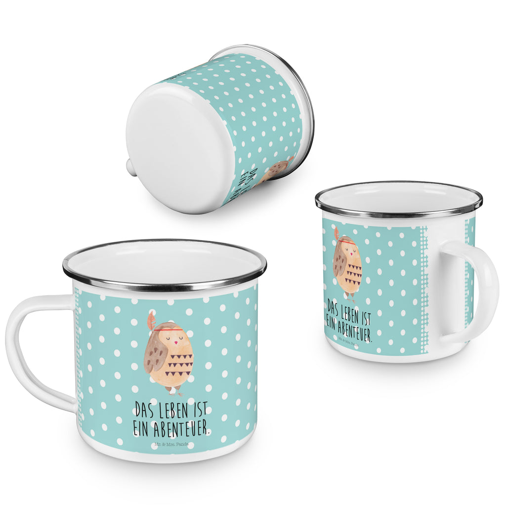 Camping Emaille Tasse Eule Federschmuck Campingtasse, Trinkbecher, Metalltasse, Outdoor Tasse, Emaille Trinkbecher, Blechtasse Outdoor, Emaille Campingbecher, Edelstahl Trinkbecher, Metalltasse für Camping, Kaffee Blechtasse, Camping Tasse Metall, Eule, Eule Deko, Owl, Das Leben ist ein Abenteuer, Reisespruch, Federschmuck, Dekoration