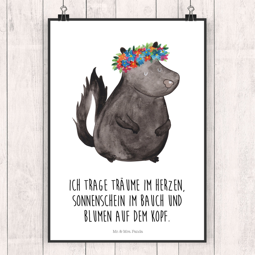 Poster Stinktier Blumenmaedchen Poster, Wandposter, Bild, Wanddeko, Küchenposter, Kinderposter, Wanddeko Bild, Raumdekoration, Wanddekoration, Handgemaltes Poster, Mr. & Mrs. Panda Poster, Designposter, Kunstdruck, Posterdruck, Stinktier, Skunk, Wildtier, Raubtier, Stinker, Stinki, Yoga, Namaste, Lebe, Liebe, Lache