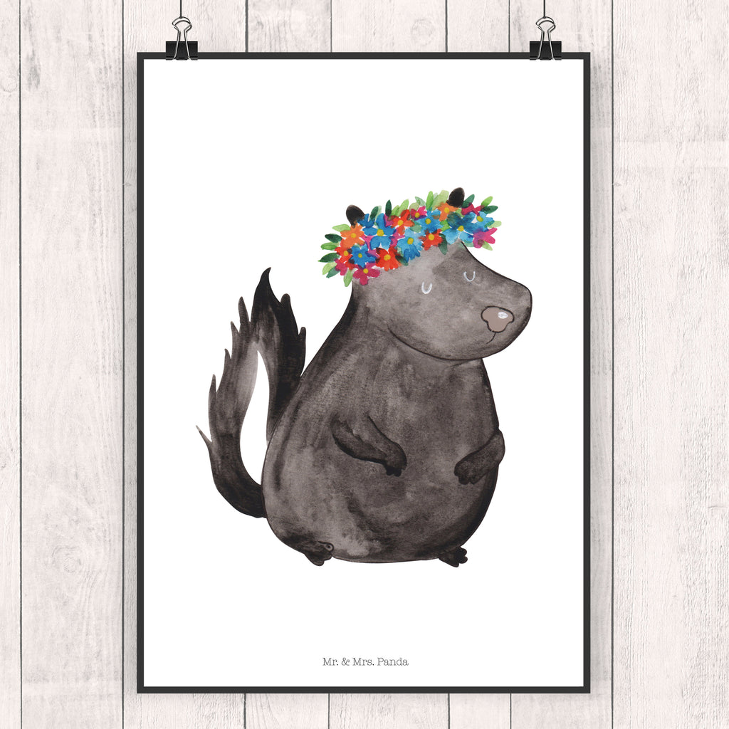 Poster Stinktier Blumenmaedchen Poster, Wandposter, Bild, Wanddeko, Küchenposter, Kinderposter, Wanddeko Bild, Raumdekoration, Wanddekoration, Handgemaltes Poster, Mr. & Mrs. Panda Poster, Designposter, Kunstdruck, Posterdruck, Stinktier, Skunk, Wildtier, Raubtier, Stinker, Stinki, Yoga, Namaste, Lebe, Liebe, Lache