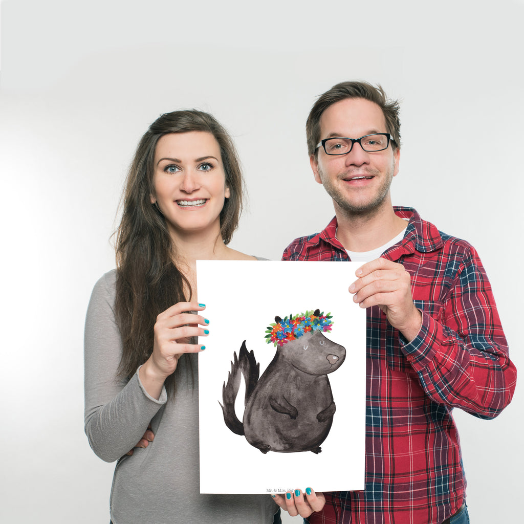 Poster Stinktier Blumenmaedchen Poster, Wandposter, Bild, Wanddeko, Küchenposter, Kinderposter, Wanddeko Bild, Raumdekoration, Wanddekoration, Handgemaltes Poster, Mr. & Mrs. Panda Poster, Designposter, Kunstdruck, Posterdruck, Stinktier, Skunk, Wildtier, Raubtier, Stinker, Stinki, Yoga, Namaste, Lebe, Liebe, Lache