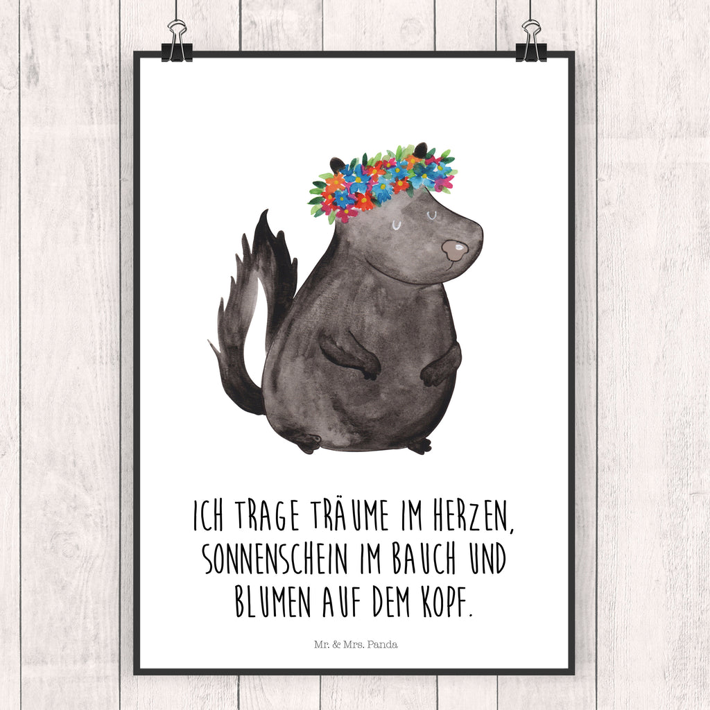 Poster Stinktier Blumenmaedchen Poster, Wandposter, Bild, Wanddeko, Küchenposter, Kinderposter, Wanddeko Bild, Raumdekoration, Wanddekoration, Handgemaltes Poster, Mr. & Mrs. Panda Poster, Designposter, Kunstdruck, Posterdruck, Stinktier, Skunk, Wildtier, Raubtier, Stinker, Stinki, Yoga, Namaste, Lebe, Liebe, Lache