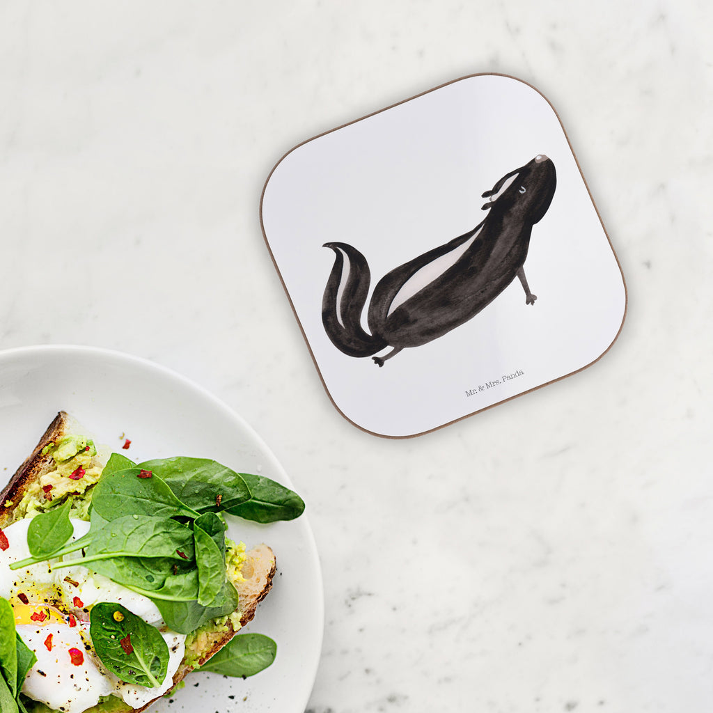 Quadratische Untersetzer Stinktier Yoga Bierdeckel, Glasuntersetzer, Untersetzer Gläser, Getränkeuntersetzer, Stinktier, Skunk, Wildtier, Raubtier, Stinker, Stinki, Yoga, Namaste, Lebe, Liebe, Lache