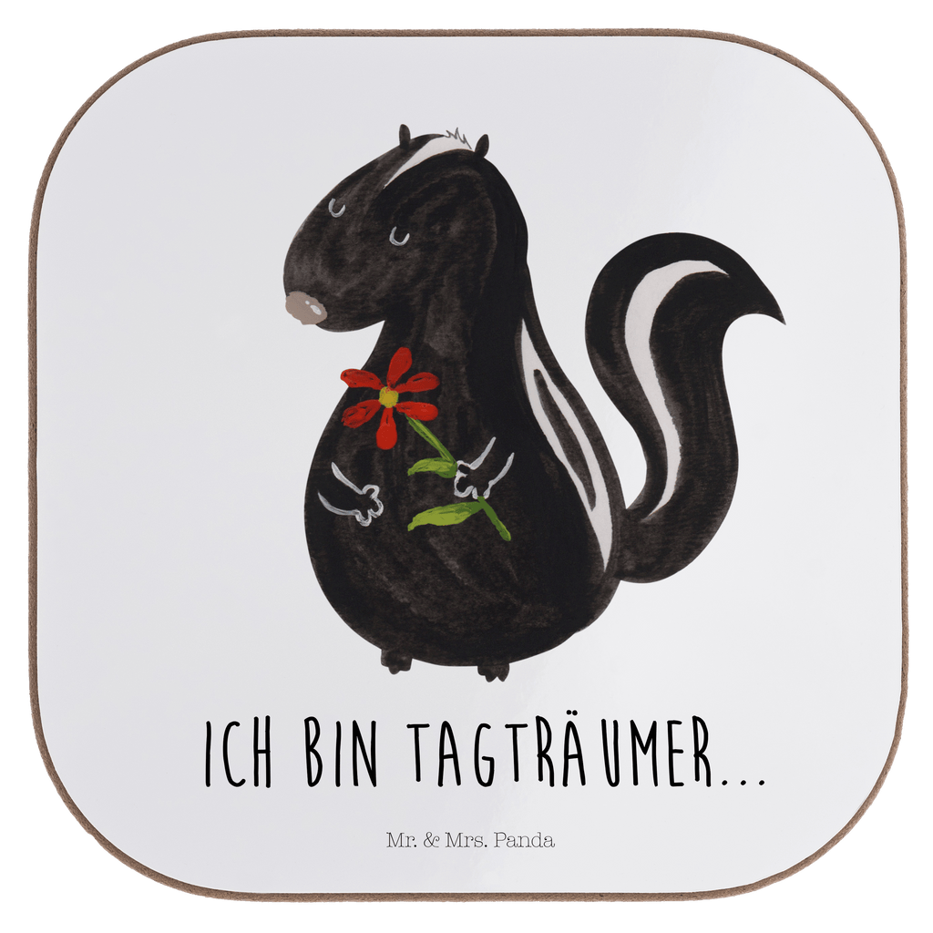 Quadratische Untersetzer Stinktier Blume Bierdeckel, Glasuntersetzer, Untersetzer Gläser, Getränkeuntersetzer, Stinktier, Skunk, Wildtier, Raubtier, Stinker, Stinki, Tagträumer, verträumt, Dreams, Träume