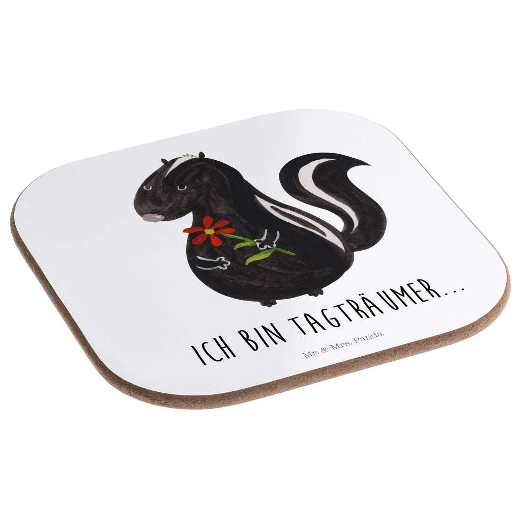 Quadratische Untersetzer Stinktier Blume Bierdeckel, Glasuntersetzer, Untersetzer Gläser, Getränkeuntersetzer, Stinktier, Skunk, Wildtier, Raubtier, Stinker, Stinki, Tagträumer, verträumt, Dreams, Träume