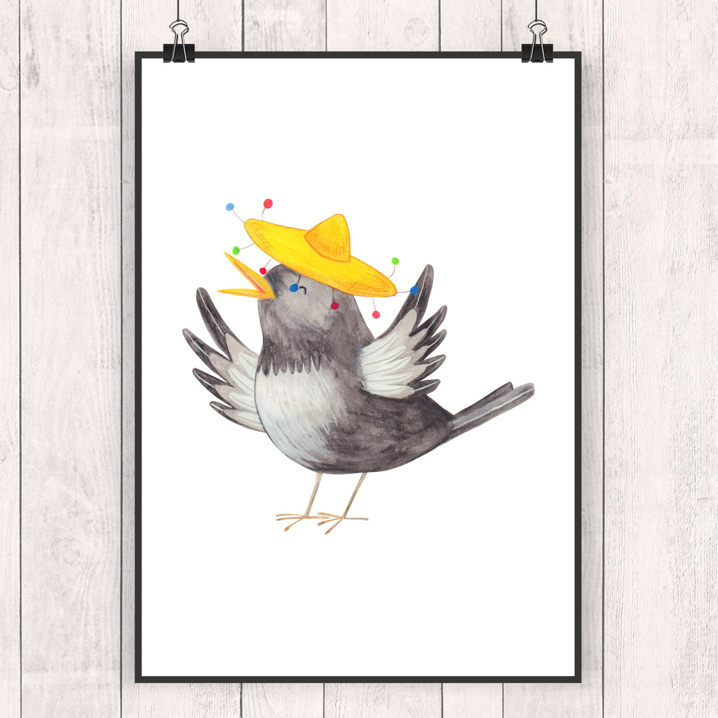 Poster Rabe mit Sombrero Poster, Wandposter, Bild, Wanddeko, Küchenposter, Kinderposter, Wanddeko Bild, Raumdekoration, Wanddekoration, Handgemaltes Poster, Mr. & Mrs. Panda Poster, Designposter, Kunstdruck, Posterdruck, Tiermotive, Gute Laune, lustige Sprüche, Tiere, Rabe, Vogel, Vögel, Spruch positiv, fröhlich sein, glücklich sein, Glück Spruch, froh, Elster, Motivation